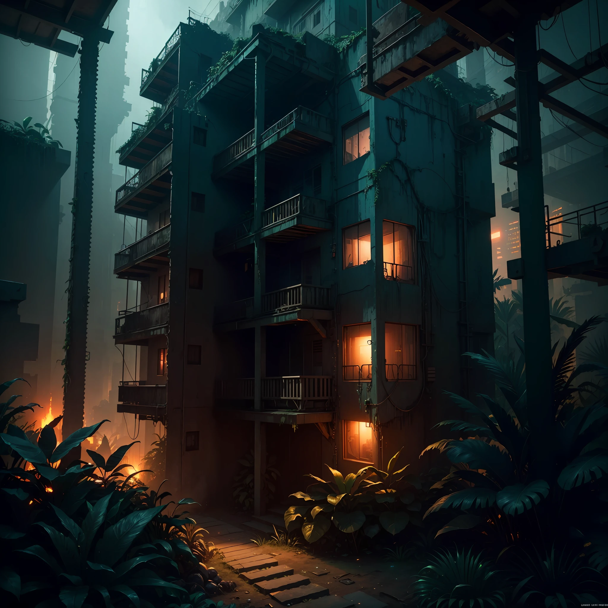 Jungle, extremely detailed CG unity 8k wallpaper, masterpiece, jungle , best quality, long shot, cyberpunk, jungle , ghostly setting, mist, volumetric light, neon lights, animatronic figures, ruined structures, grunge textures, jungle