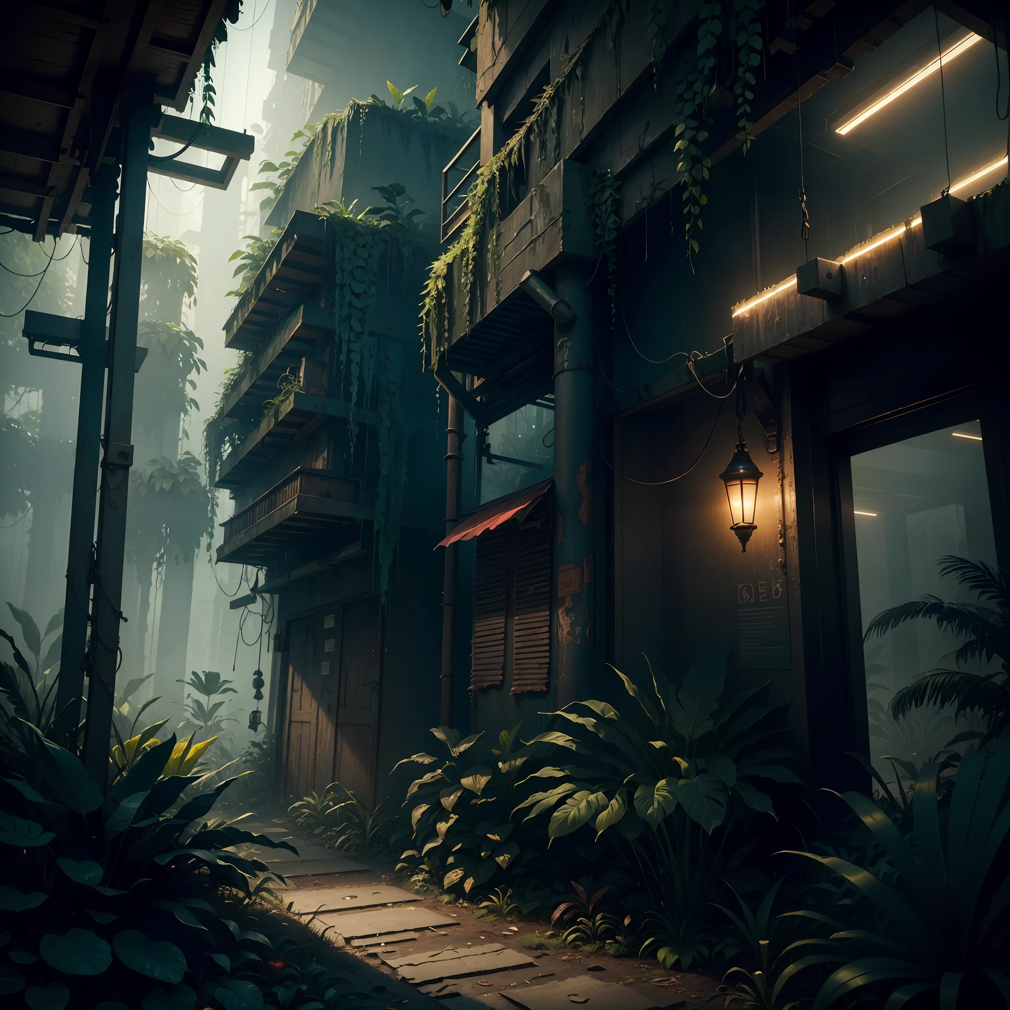 Jungle, extremely detailed CG unity 8k wallpaper, masterpiece, jungle , best quality, long shot, cyberpunk, jungle , ghostly setting, mist, volumetric light, neon lights, animatronic figures, ruined structures, grunge textures, jungle