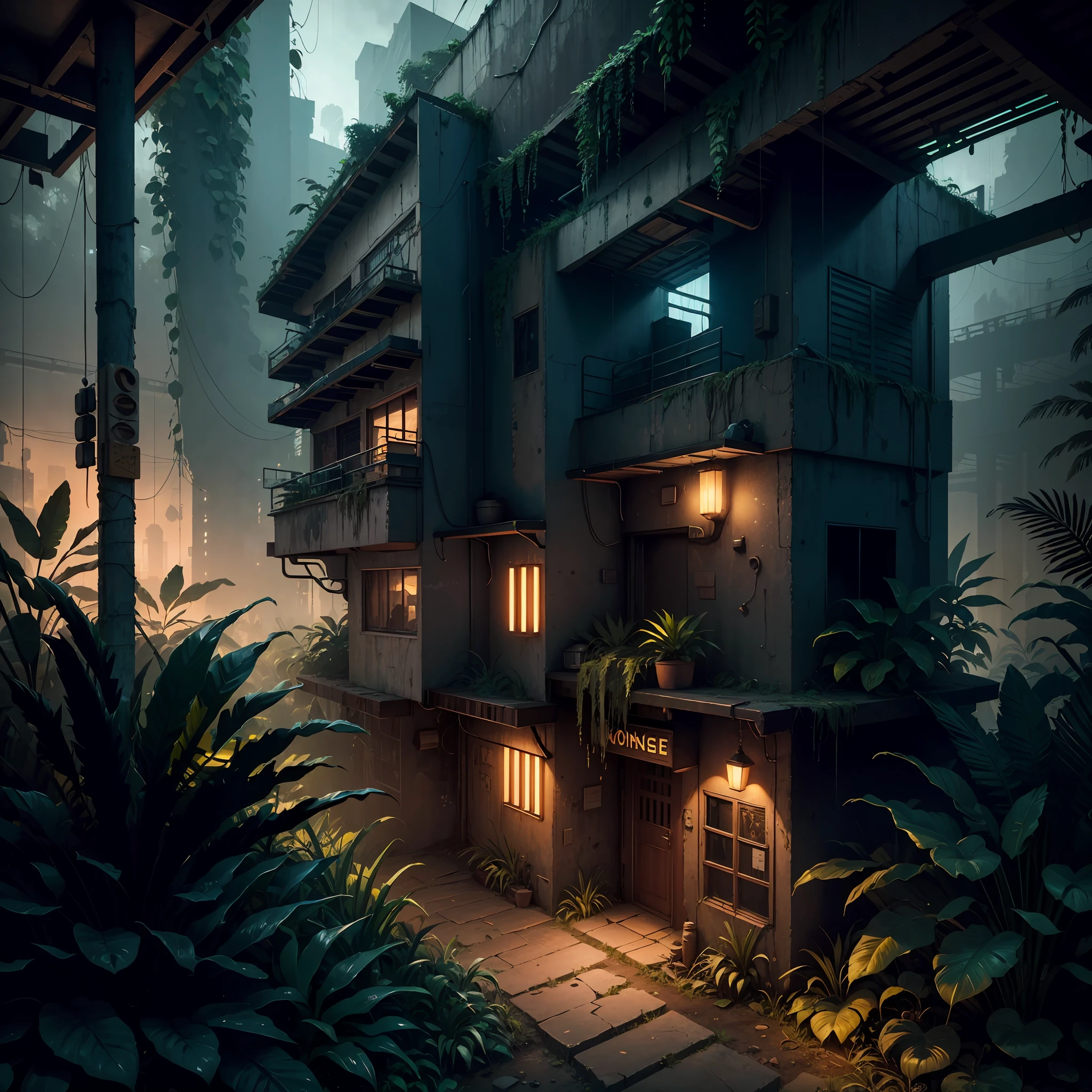 Jungle, extremely detailed CG unity 8k wallpaper, masterpiece, jungle , best quality, long shot, cyberpunk, jungle , ghostly setting, mist, volumetric light, neon lights, animatronic figures, ruined structures, grunge textures, jungle