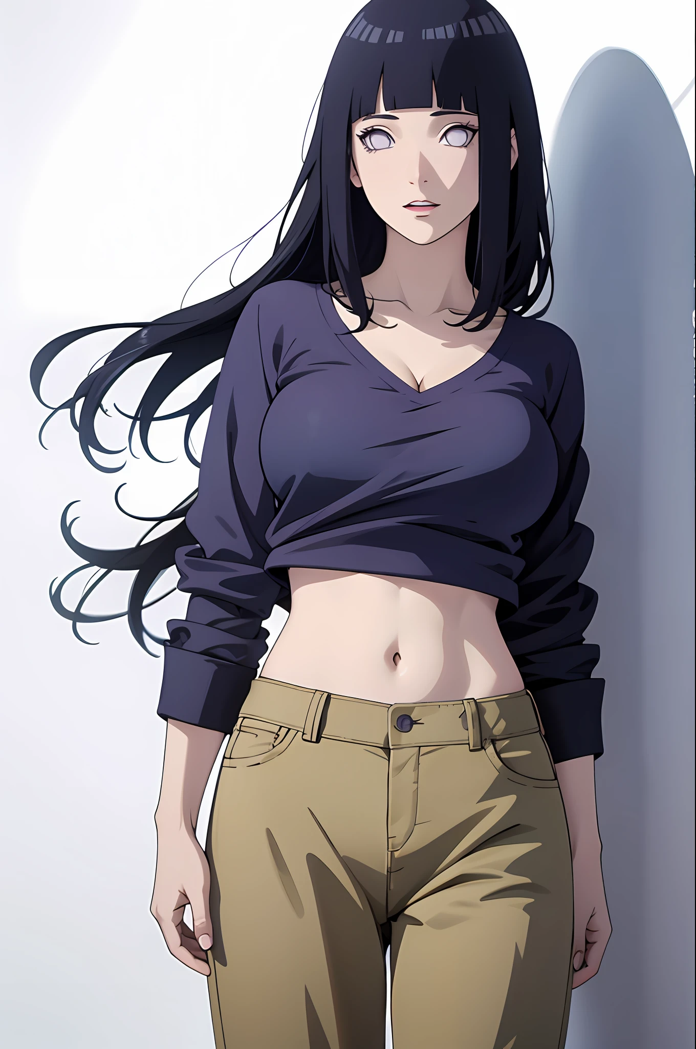 masterpiece, best quality, ((pure white background)), standing, (dark blue hair) ,cold face, full body, crop top, casual pants, (((Fashionable clothing))), happy, light effect, soft, super clear, high-definition picture, (front), purple eyes, blunt bangs, hinata/(boruto/), long hair, large breast, cleavage