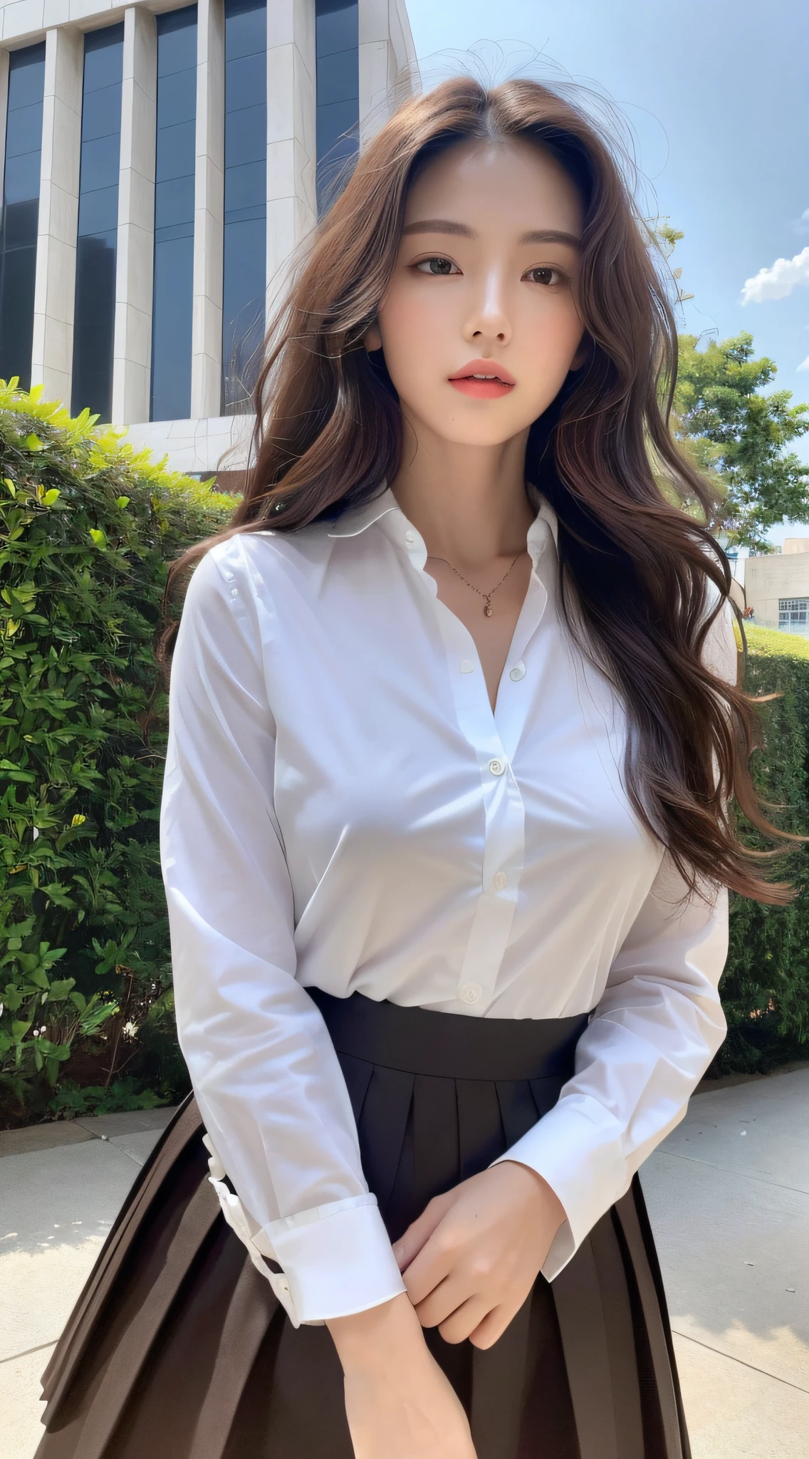 (Best quality, High resolution, Masterpiece :1.3), A tall and pretty woman, Slender abs, Dark brown hair styled in loose waves, Breasts, White button up shirt, Black pleated skirt, (Modern architecture in background), Details exquisitely rendered in the face and skin texture, Detailed eyes, Double eyelid