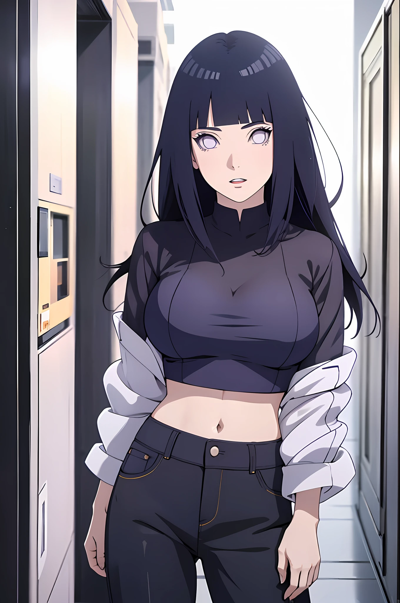 masterpiece, best quality, ((pure white background)), standing, (dark blue hair) ,cold face, full body, crop top, casual pants, (((Fashionable clothing))), happy, light effect, soft, super clear, high-definition picture, (front), purple eyes, blunt bangs, hinata/(boruto/), long hair,  large breast, cleavage