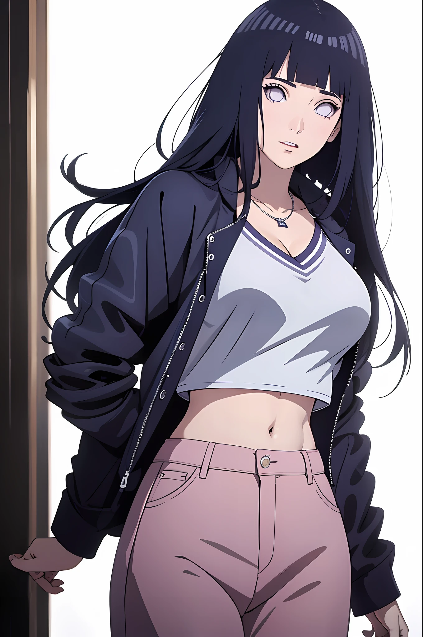 masterpiece, best quality, ((pure white background)), standing, (dark blue hair) ,cold face, full body, crop top, casual pants, (((Fashionable clothing))), happy, light effect, soft, super clear, high-definition picture, (front), purple eyes, blunt bangs, hinata/(boruto/), long hair, large breast, cleavage