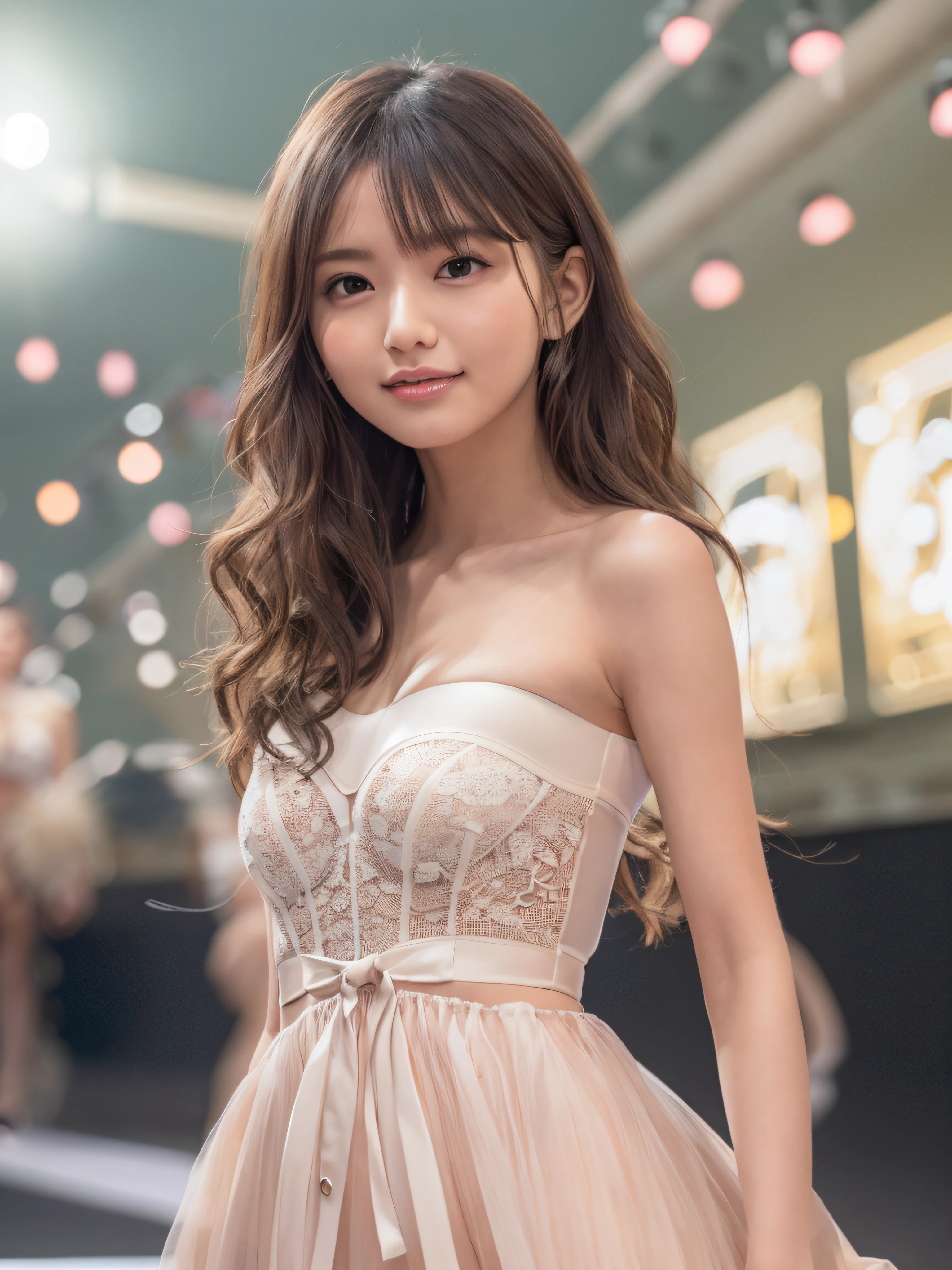 (Photorealistic), (Ultra High Realistic), (Ultra High Definition), (Ultra High Detailed), (Increase the contrast), (Increase the Saturation), (1Girl), Beautiful face, Cute face, Face Slimming, Japanese young girl, semi long curly hair, (light Brown hair), ((Slimmer)), ((Waist Slimming)), ((Small Buttocks)), ((Slimmer Legs)), (small Breasts), (Cleavage), ((dress)), (Off -shoulder), ((strapless bra)), (((on the fashion show runway))), movie lighting,