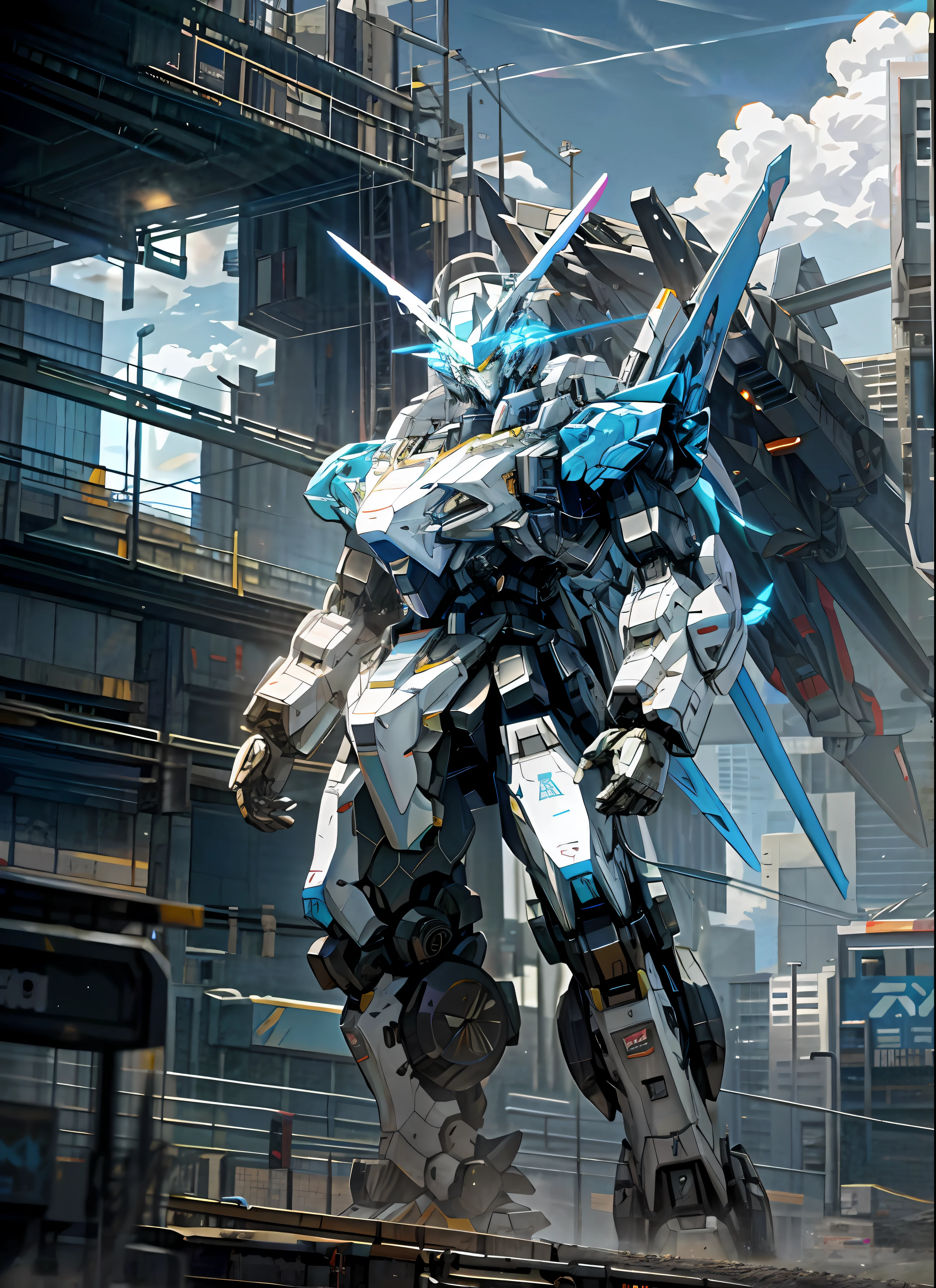 There was a robot standing in the street，Cool mech style，Alexander Ferra White Mech，mecha art，modern mecha anime，anime mecha aesthetic，Alexander Ferra Mecha，Mecha Inspiration，white color mecha，anime large mecha robot，Cyber mecha，mecha asthetic，High quality digital concept art，mecha anime，Head detailing，