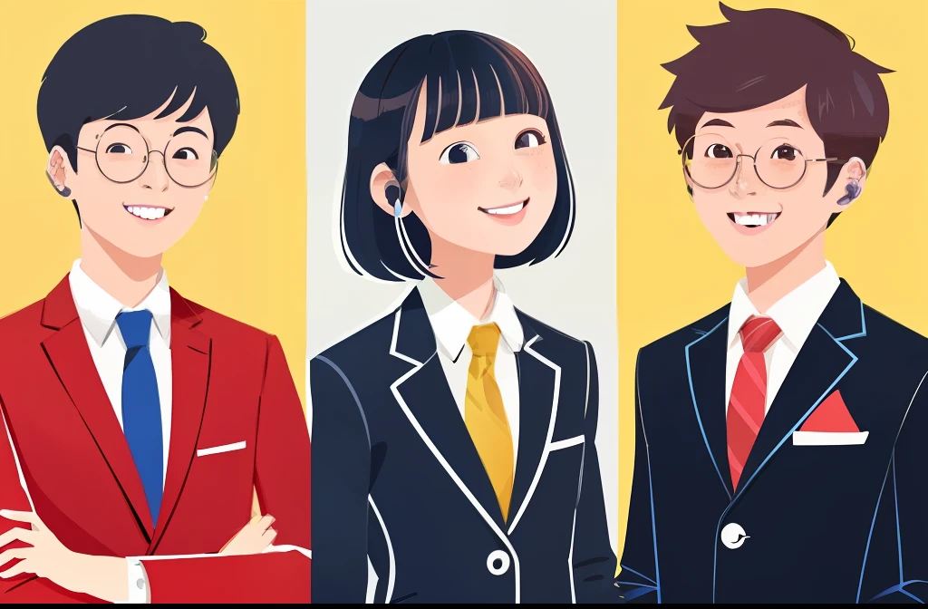 High school boys and high school girls side by side、Two people、both sexes、Front-facing upright pose、Clench your fists、sano、holding a smartphon、校服、Dark blue blazer、neck tie、、holding a smartphon、Refreshing、masutepiece, Best Quality,,Illustration,vector illustrations、Mary Blair Style, Best Quality,pop music、、blue-sky、Shoujo manga style、Fashionable、Modern fashion、pop music、A smile、Looking at the camera、 ,Illustration,portraitures、front facing、vector、flats、composition from the waist up、longshot、thick linework、 Margin background、, charming character illustrations, , charming character illustrations,