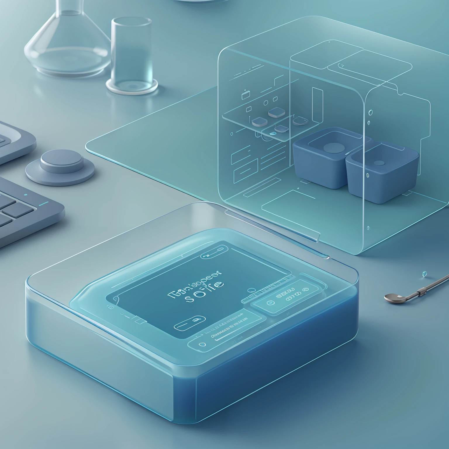 Mini program interface design，blue tint，2.5D style，Frosted glass texture，modernization，Minimalist style，sense of science and technology