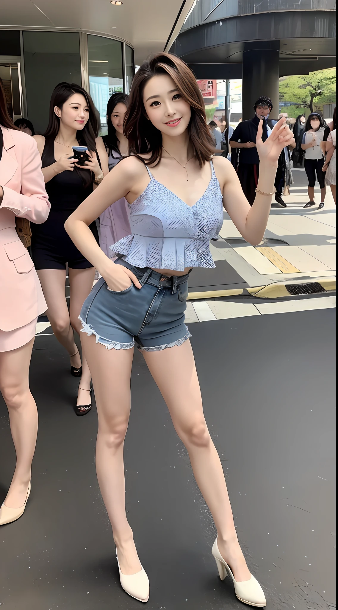 ((top-quality、8K、masterpiece:1.3))、1 tall and beautiful woman、Perfect figure:1.4、A slender 、Dark brown hairstyle、shorth hair、Silky tops、White Skinny Jeans、espadrilles、high-heels、Peach butt、No postural movement、Stand up straight、huge bust、Highly detailed facial and skin texture、A detailed eye、二重まぶた、Smile、A royal sister full of fans、full body Esbian、Peach butt、Sleeveless、Tokyo Marunouchi、street corner、Random Poses