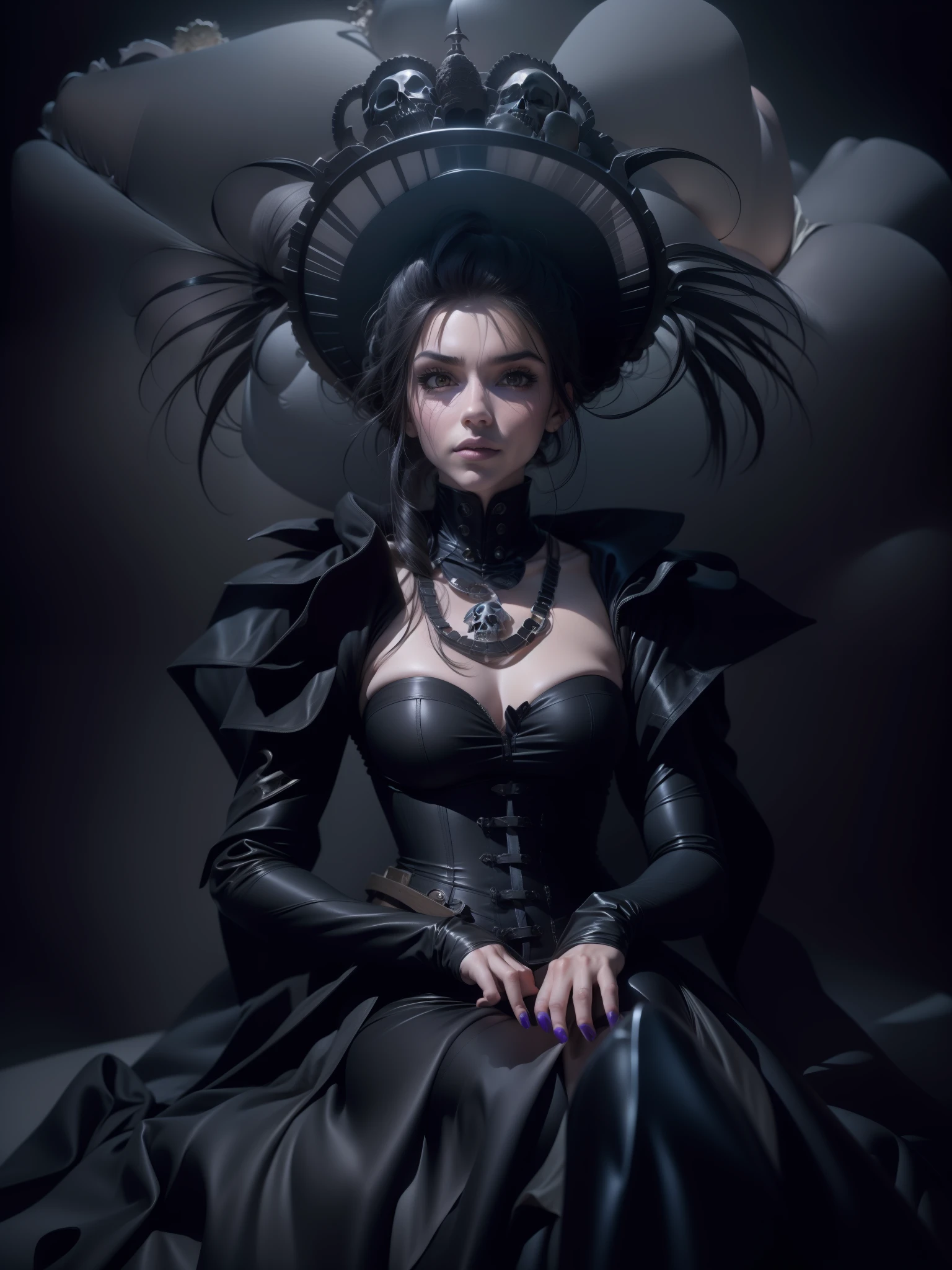 a mysterious woman sitting as the goddess of death, with death clouds, sitting on a skull, purple eyeshadow, long nails, sexy clothing, axial symmetry, and a magnificent background.black leather corset, long skirt, black boots, silver jewelry, dark background, enigmatic and alluring expression, Canon EOS R5 camera, Ilford Delta 3200 film, 50mm lens, high contrast, Tim Burton, Guillermo del Toro, Neil Gaiman, Alexander McQueen, Vivienne Westwood