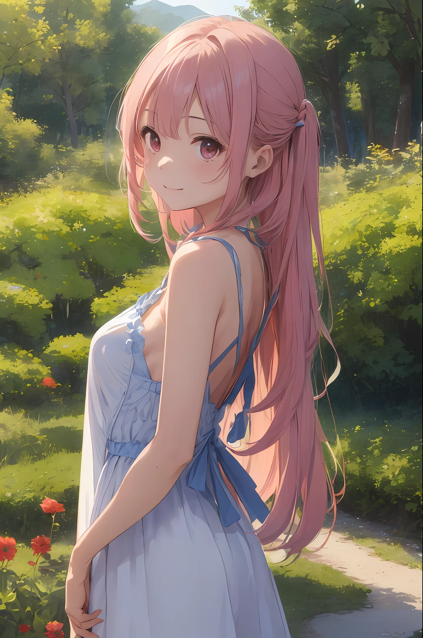 (​masterpiece、realisitic:1.4)、(very intricate:1.2)>、Close Shot、portlate、(The upper part of the body:1.2)、(from the front side:1.3)、191971 dresses、backless dress、(Longer dress:1.2)、(Very long hair)、A smile、breastsout、bare shoulders​、Skysky、(flower  field)、(Confetti)、Eau、looking at the viewers、Italian、tilt of the head、the wind、​​clouds、sunlights、1girl in、独奏、Pink hair、BREAK、ciinematic light、超A high resolution、8KUHD、film grains、perfect anatomia、Exquisitely detailed skin、 Best Shadows、Delicate、raw、hight resolution、Precise background、(Natural forest in the background)、(breastsout)Protrusion of
