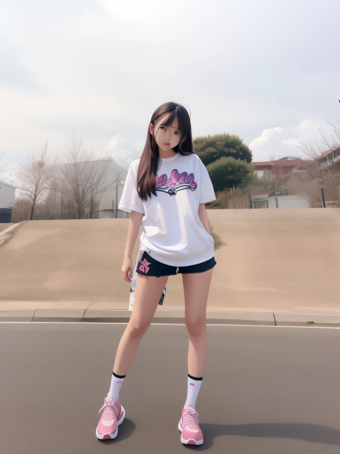 There is a young woman standing on a skateboard in the street, She is seen wearing streetwear pieces, chiho, e - girl, E-Girl, in shorts and t-shirt, anime vibes, belle delphine, full body cute young lady, Style anime, ulzzangs, kawaii shirt and jeans, japanese streetwear, lofi-girl, outrun style, Full body picture