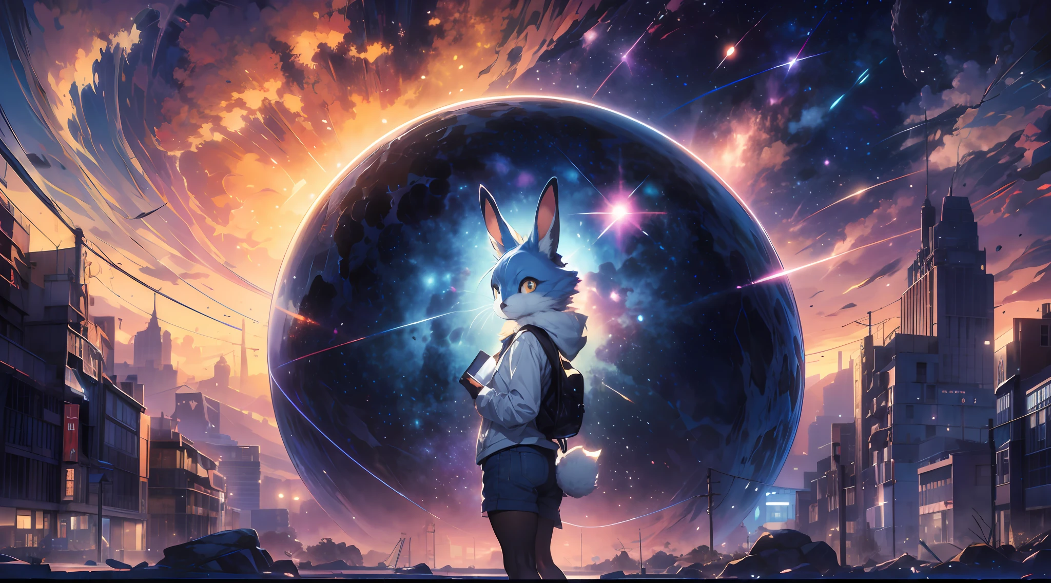 Draw a young female blue kemono beastars furry rabbit anime hacker wearing bunny ears, standing on a research platform floating in the middle of an asteroid belt, turn her back on viewers , surrounded by several asteroids glowing with fiery auras BREAK Dramatic lighting from distant stars and planets illuminates the scene, casting deep shadows on the suit. The young rabbit woman looks confident and determined, looking at the vast and mysterious universe with wonder and respect,BREAK,Detailed,Realistic,4k highly detailed digital art,octane render, bioluminescent, BREAK 8K resolution concept art, realism,by Mappa studios,masterpiece,best quality,official art,illustration,ligne claire,(cool_color),perfect composition,absurdres, fantasy,focused,rule of thirds, (Zen, Amy Sol style), (((beats to relax/study to))), (((Lofi anthro kemono blue-furred rabbit girl, beats to relax/study to))), (((blue kemono beastars furry rabbit anime hacker with small soft furry paws))), (abstract anthro rabbit figure wearing bunny ears), cover art with light abstraction, abstract, simple vector art, contemporary furry anthro kemono anime art, color gradients, soft color palettes, layered forms, whimsical animation, style Ethereal abstract, 4K, --v6