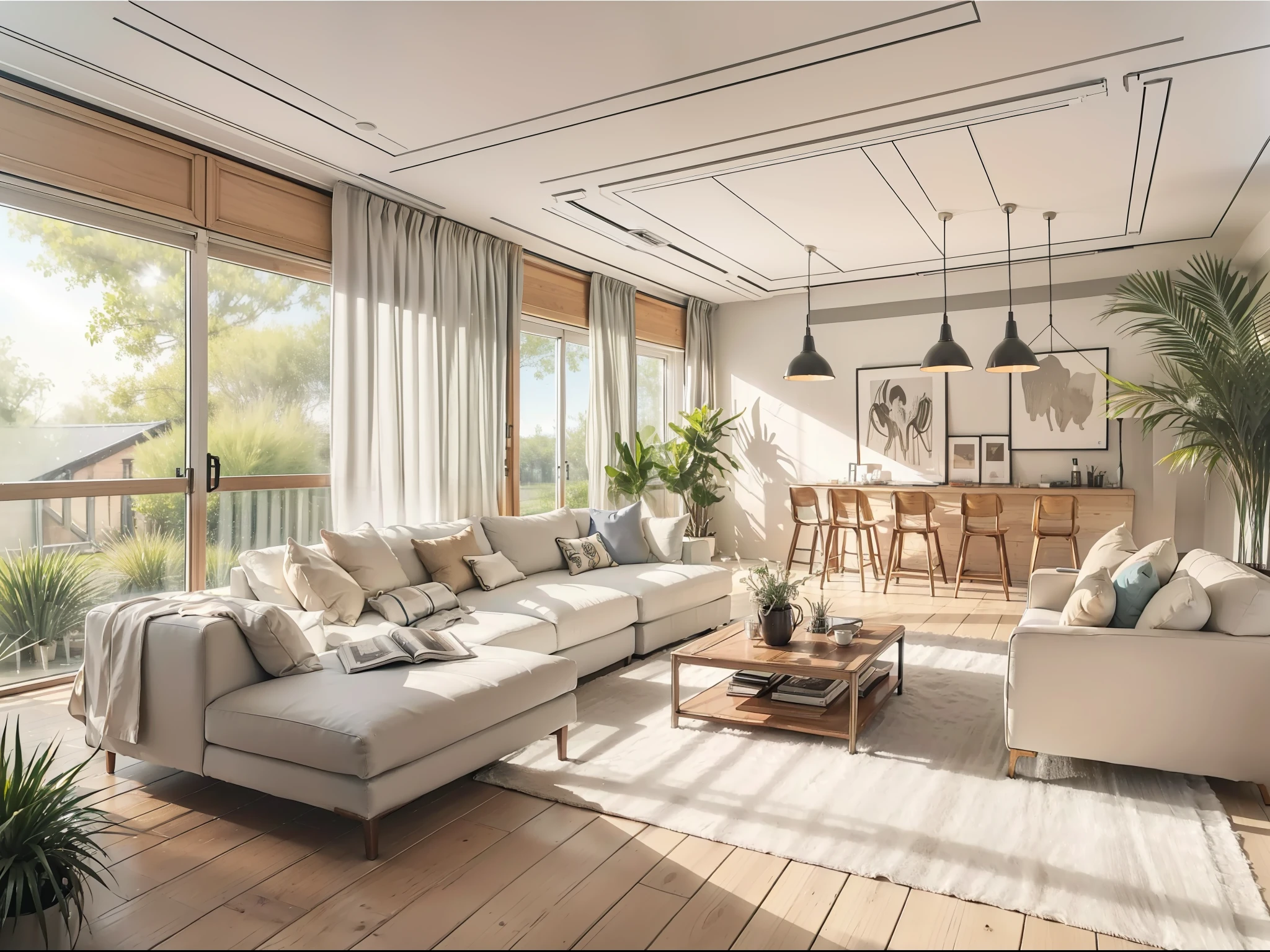 a sketch of a beautiful modern living room, (((foster and partners, artists impression, artistic impression, by Hamish MacDonald, by Carey Morris, by David Brewster, higher detailed illustration, by Helen Berman, an illustration, detailed illustration, by Nick Fudge, by Warren Mahy, artist's impression))), a kitchen cabinet behind the white sofa, with minimal pictures on the wall, linen curtain next to the classroom window, coffee table, modern wood, ceiling with magnetic emissive lighting, white fabric PRB textures, wooden floor PRB texture,