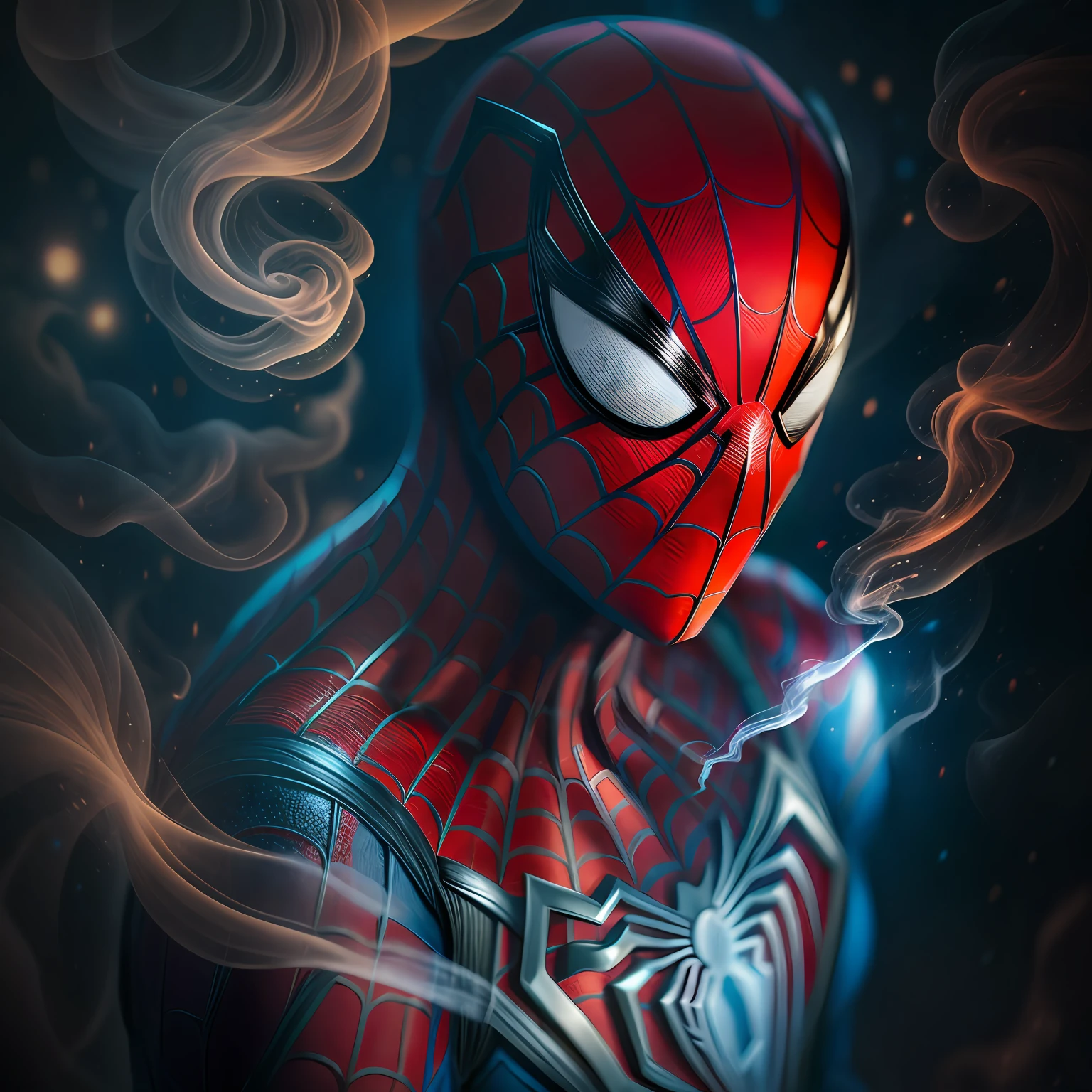 close up, Spider-Man из Marvel Comics, Ghost, Dark, gotik, 3d, Ultra Detailed, blue transparent smoke around, realistic style, Old Night Pond, full - body,