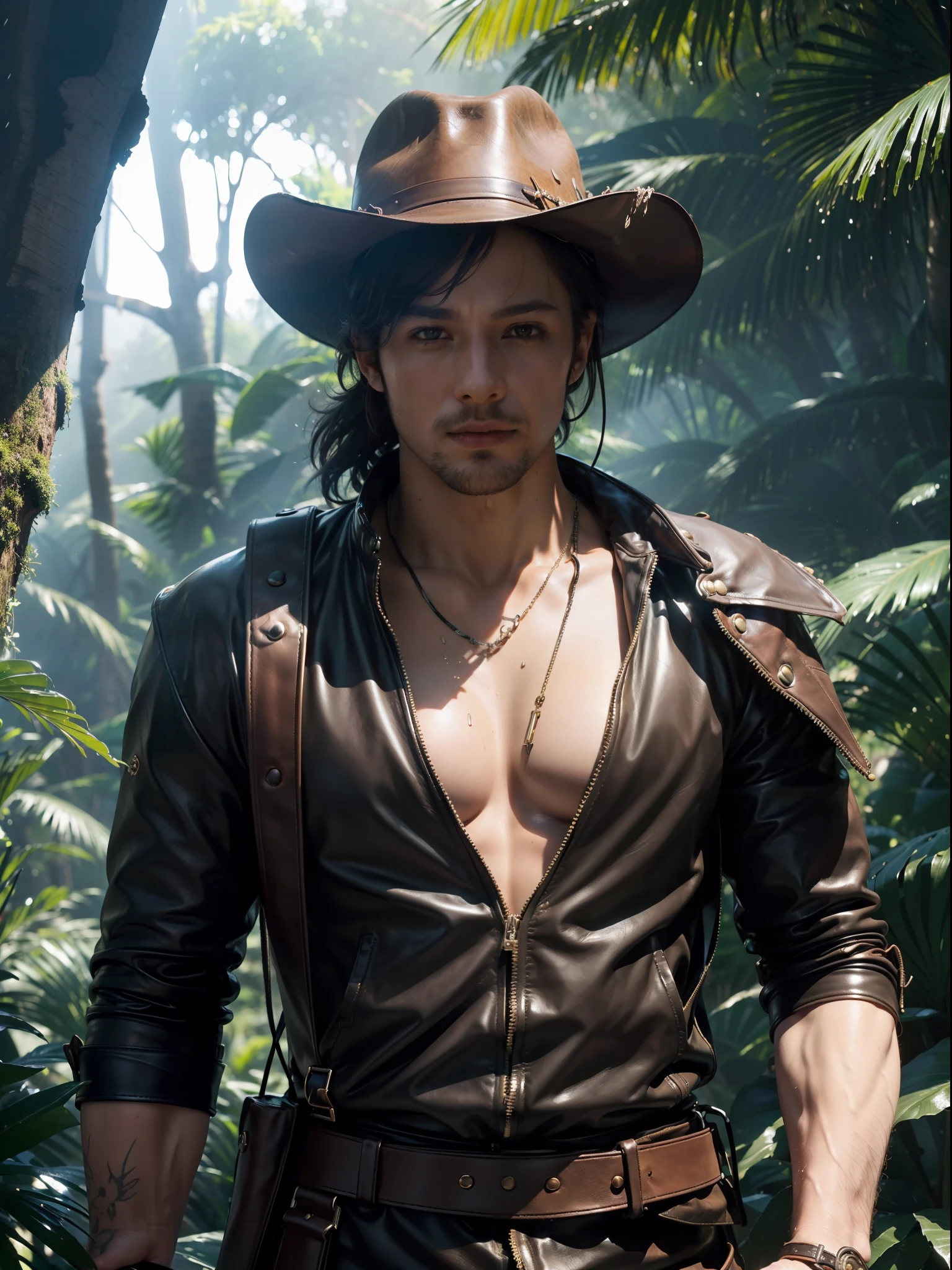 ((Realistic lighting, best qualtiy, 8K, tmasterpiece:1.3)), sharp fokus:1.2, of a guy,Wearing a leather hat,Wear a leather adventure suit,adventurer,explorer,closeup cleavage,Beautiful close-up((adventurer)),jungles,oases,giant and wet trees