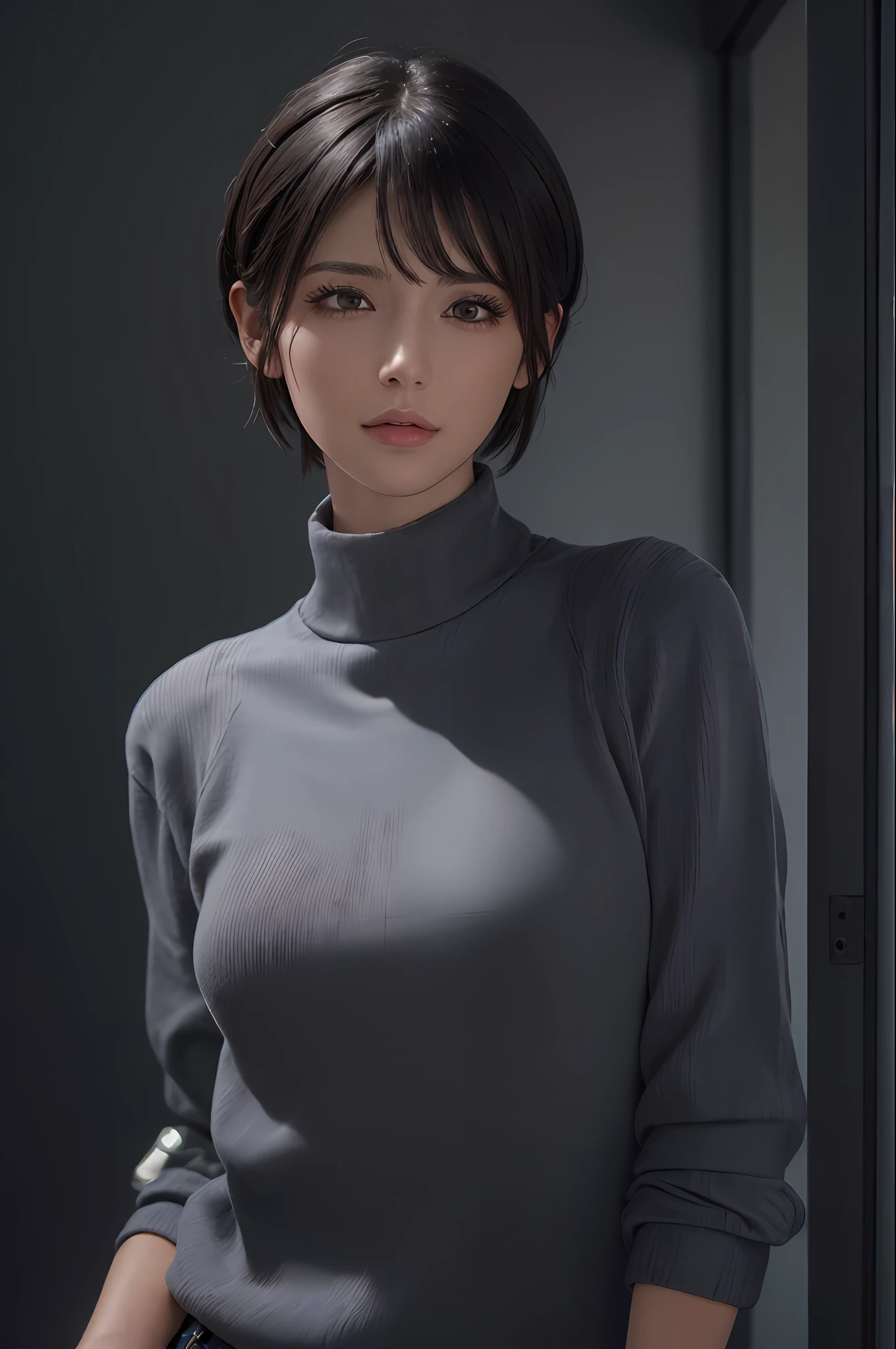 (masterpiece:1.3), (8k, photorealistic, RAW photo, best quality: 1.4), (1girl), beautiful face, (realistic face), (black hair, short hair:1.3), beautiful hairstyle, realistic eyes, beautiful detailed eyes, (realistic skin), beautiful skin, (sweater), absurdres, attractive, ultra high res, ultra realistic, highly detailed, golden ratio