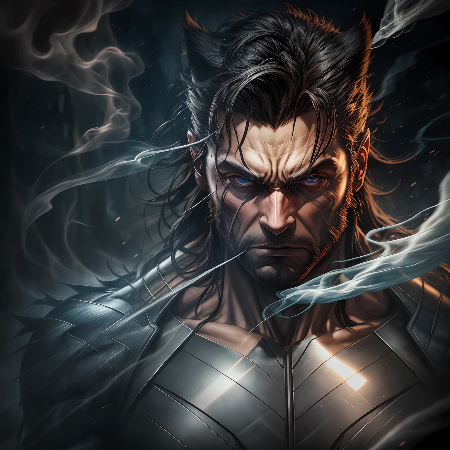 close up, Wolverine из Marvel Comics, Ghost, Dark, gotik, 3d, Ultra Detailed, blue transparent smoke around, realistic style, Old Night Pond, full - body,