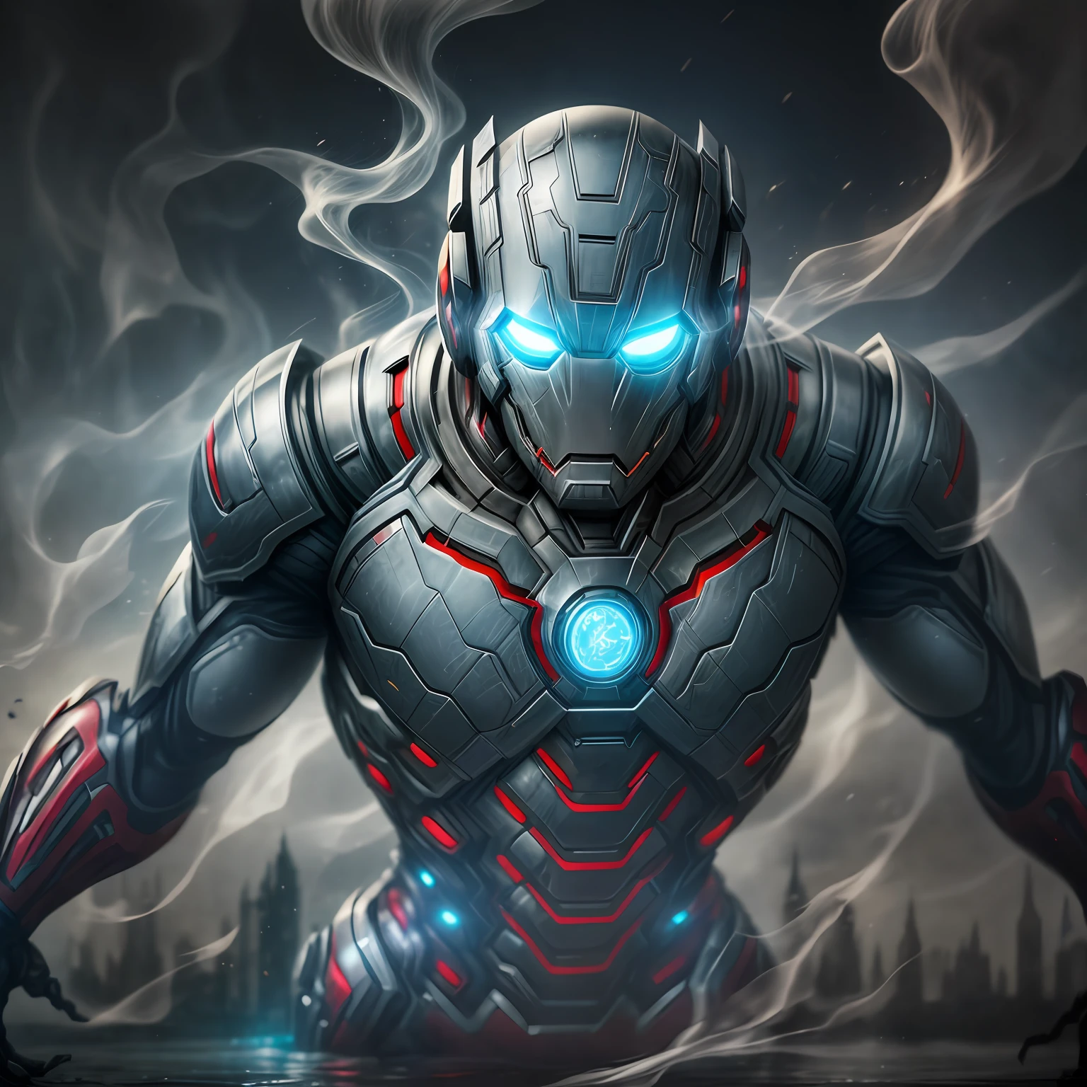 close up, Ultron из Marvel Comics, Ghost, Dark, gotik, 3d, Ultra Detailed, blue transparent smoke around, realistic style, Old Night Pond, full - body,