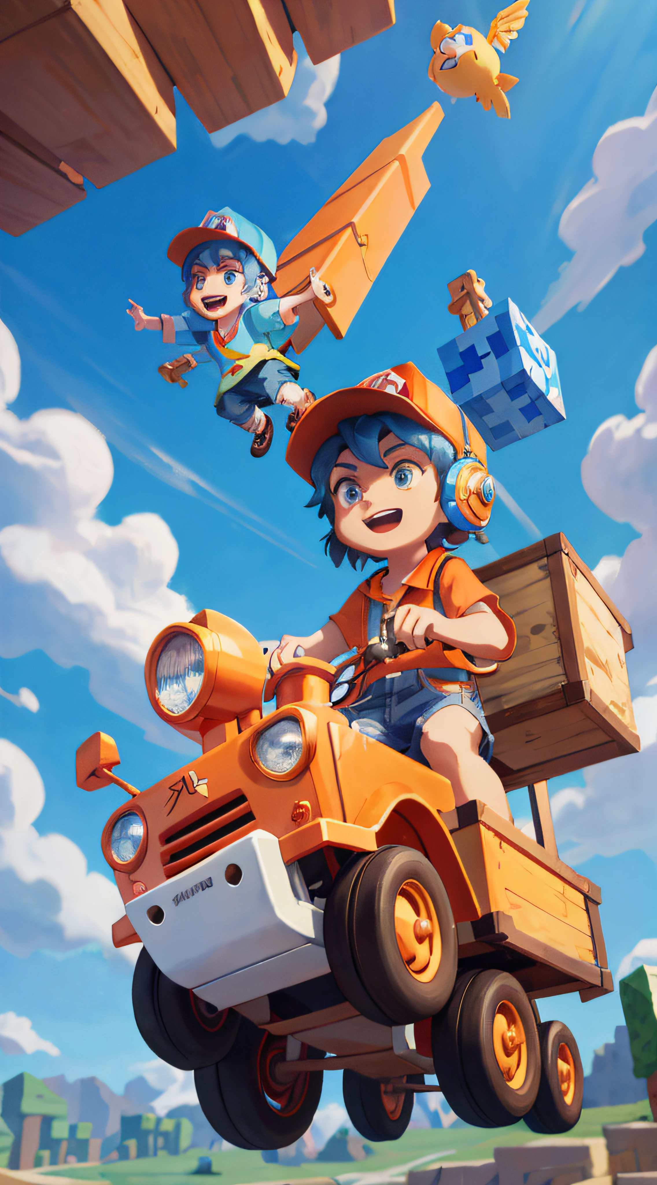 Cartoon boy riding in truck,A boy flew over him, Mobile game art, childrens art in artstation, Game art, 2D game fanart, 2D illustration, 2 d illustration, Official artwork, detailed game art illustration, Game illustration, promotional art, Game art!!, hero 2 d fanart artsation, nintendo game art, key art