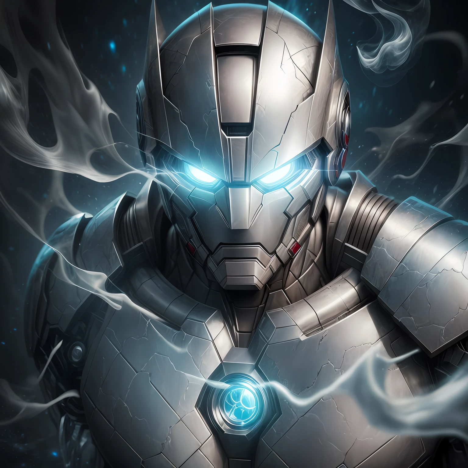 close up, Titanium Man из Marvel Comics, Ghost, Dark, gotik, 3d, Ultra Detailed, blue transparent smoke around, realistic style, Old Night Pond, full - body,