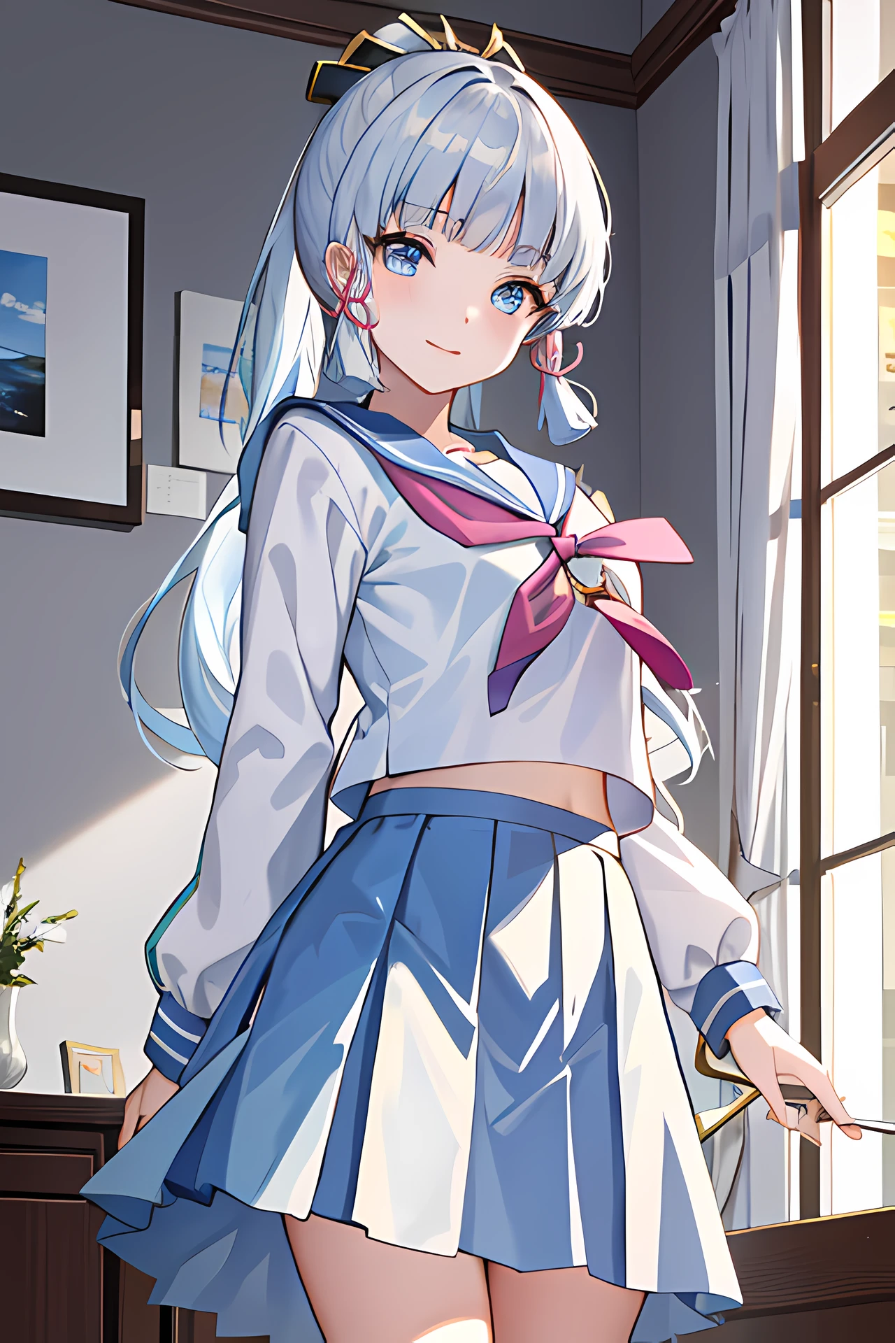 kamisato_ayaka,Masterpiece, (best qualtiy:1.3), 8K, the wallpaper,(tmasterpiece,best qualtiy,ultra - detailed,illustratio),1girll,独奏,cowboy lens,eBlue eyes,ssmile,Eyebrows visible through the hair,long whitr hair,silber hair,looking at viewert,inside in room,mediuml breasts,校服,serafuku,Sailor collar,pleatedskirt,posing,