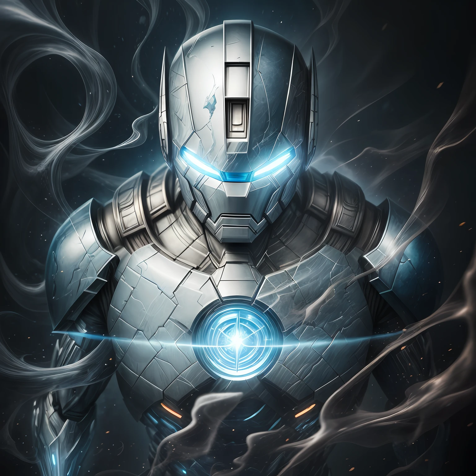 close up, Titanium Man из Marvel Comics, Ghost, Dark, gotik, 3d, Ultra Detailed, blue transparent smoke around, realistic style, Old Night Pond, full - body,