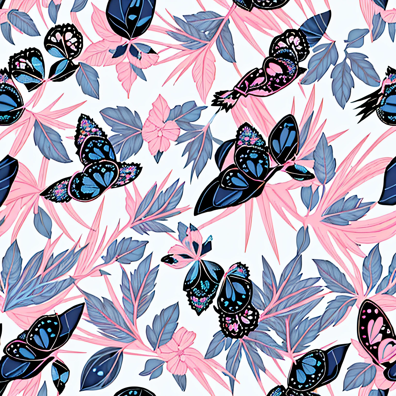 a blue and pink pattern with birds on a white background