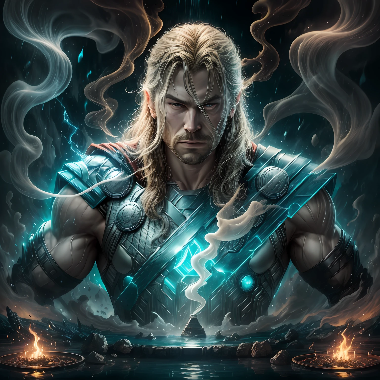 close up, Thor из Marvel Comics, Ghost, Dark, gotik, 3d, Ultra Detailed, blue transparent smoke around, realistic style, Old Night Pond, full - body,