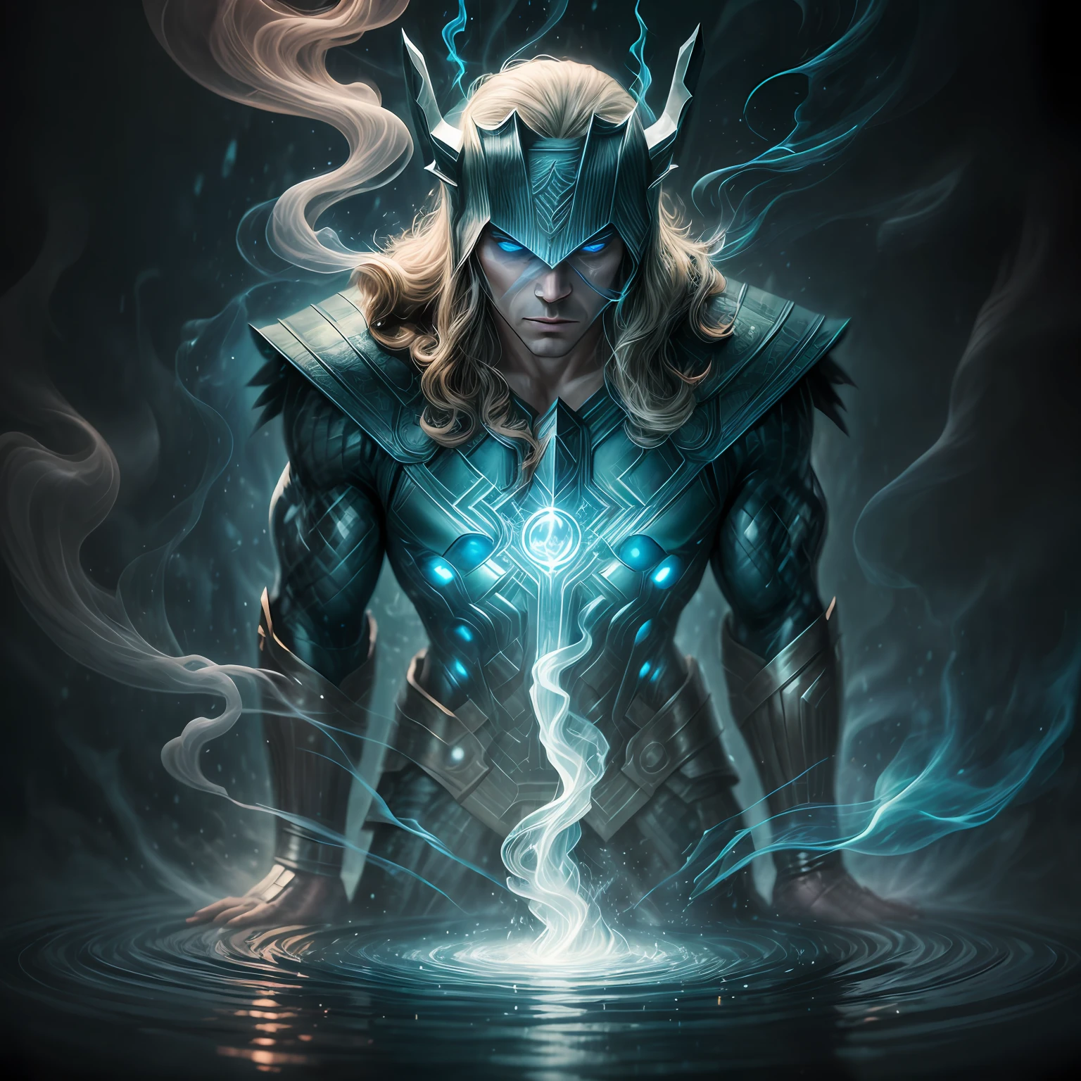 close up, Thor из Marvel Comics, Ghost, Dark, gotik, 3d, Ultra Detailed, blue transparent smoke around, realistic style, Old Night Pond, full - body,
