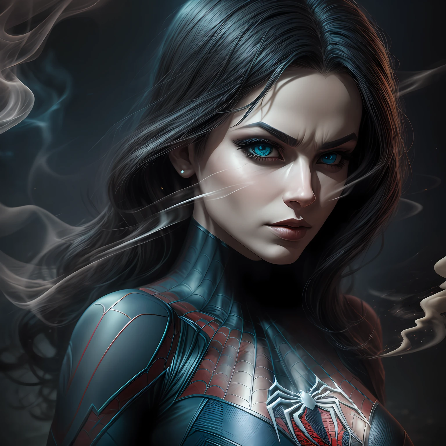 close up, Spider-Woman из Marvel Comics, Ghost, Dark, gotik, 3d, Ultra Detailed, blue transparent smoke around, realistic style, Old Night Pond, full - body,