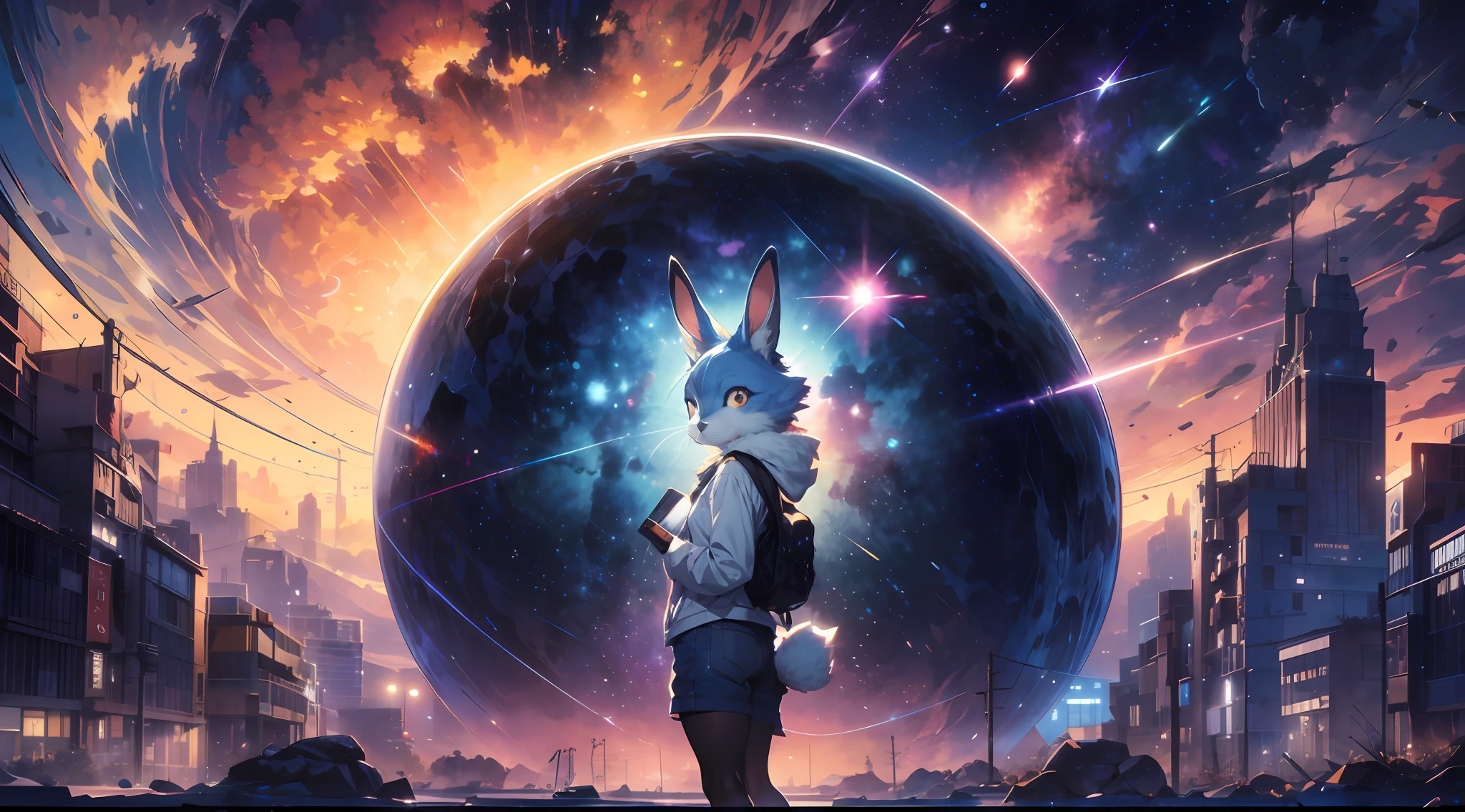 Draw a young female blue kemono beastars furry rabbit anime hacker wearing bunny ears, standing on a research platform floating in the middle of an asteroid belt, turn her back on viewers , surrounded by several asteroids glowing with fiery auras BREAK Dramatic lighting from distant stars and planets illuminates the scene, casting deep shadows on the suit. The young rabbit woman looks confident and determined, looking at the vast and mysterious universe with wonder and respect,BREAK,Detailed,Realistic,4k highly detailed digital art,octane render, bioluminescent, BREAK 8K resolution concept art, realism,by Mappa studios,masterpiece,best quality,official art,illustration,ligne claire,(cool_color),perfect composition,absurdres, fantasy,focused,rule of thirds, (Zen, Amy Sol style), (((beats to relax/study to))), (((Lofi anthro kemono blue-furred rabbit girl, beats to relax/study to))), (((blue kemono beastars furry rabbit anime hacker with small soft furry paws))), (abstract anthro rabbit figure wearing bunny ears), cover art with light abstraction, abstract, simple vector art, contemporary furry anthro kemono anime art, color gradients, soft color palettes, layered forms, whimsical animation, style Ethereal abstract, 4K, --v6