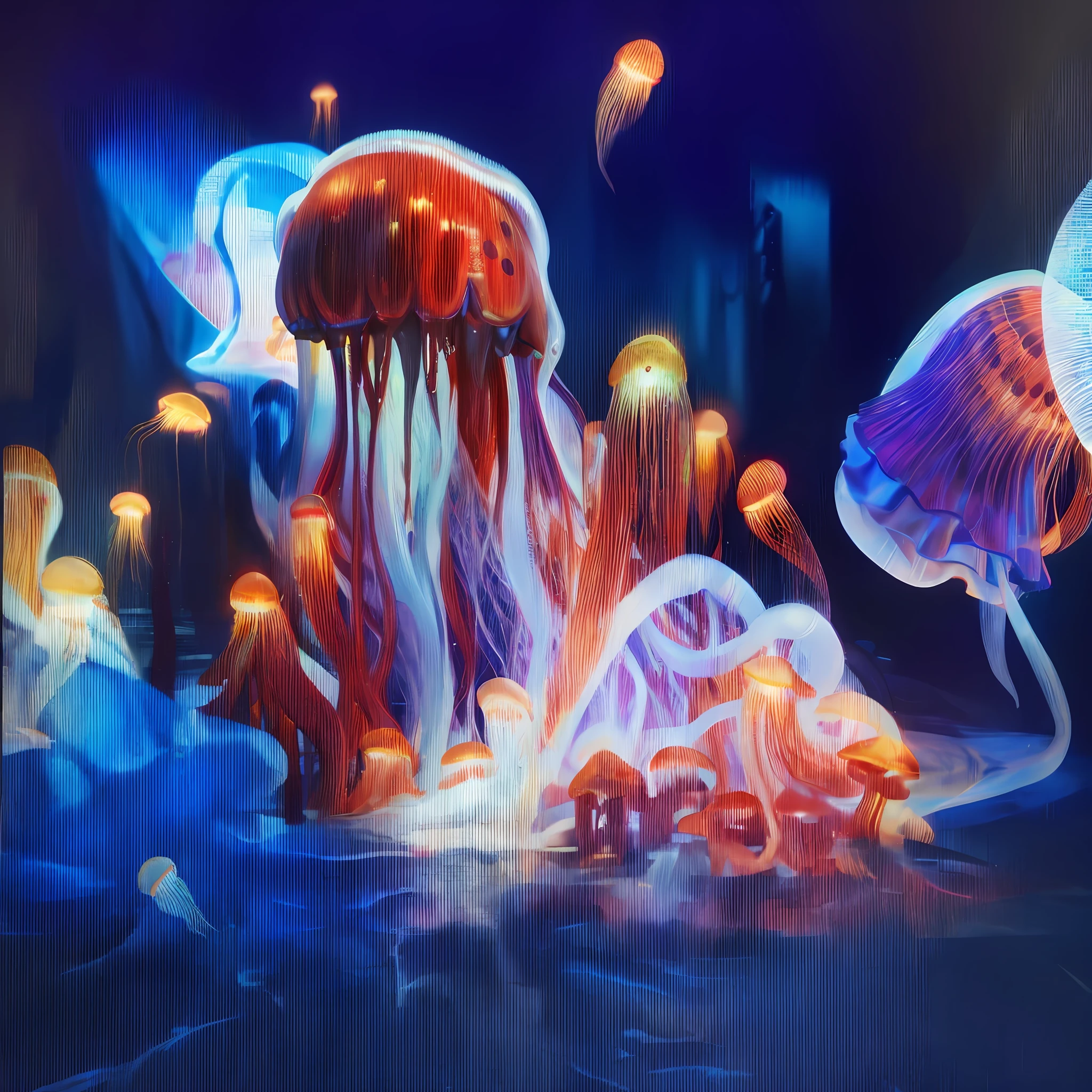Make a 3D digital art of jellyfish in a sea of water with lights, wallpaper, ubuntu jellyfihs, jellyfish digital 3D photo, Medusa, retrato altamente detalhada 8 K, retrato realista altamente detalhada 8K, neon jellyfish, Burger mixes jellyfish, Dance of the jellyfish, protetor de tela impressionante, its a deep dream, artistic 4 k, Arte NFT, Medusa, 8k highly detailed ❤️‍🔥 🔥 💀 🤖 🚀