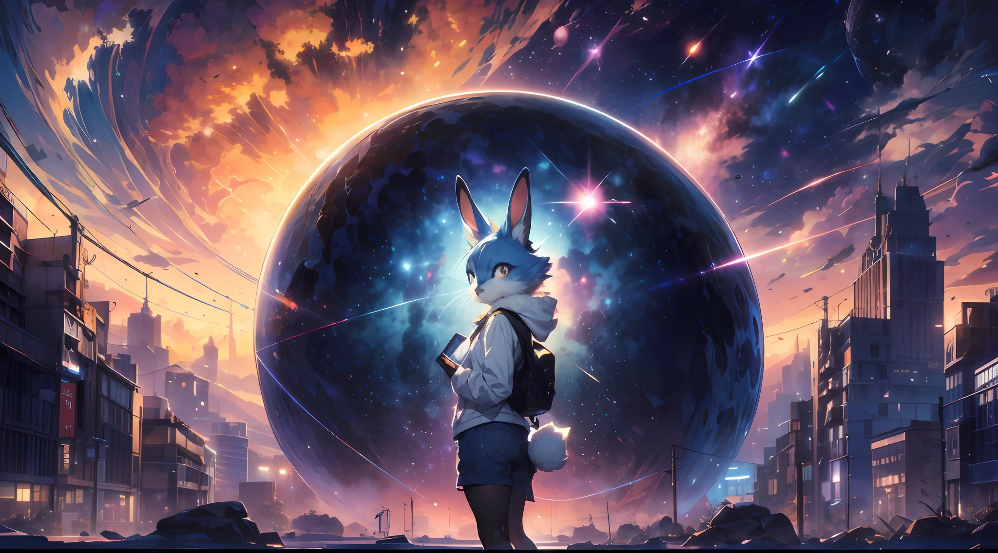 Draw a young female blue kemono beastars furry rabbit anime hacker wearing bunny ears, standing on a research platform floating in the middle of an asteroid belt, turn her back on viewers , surrounded by several asteroids glowing with fiery auras BREAK Dramatic lighting from distant stars and planets illuminates the scene, casting deep shadows on the suit. The young rabbit woman looks confident and determined, looking at the vast and mysterious universe with wonder and respect,BREAK,Detailed,Realistic,4k highly detailed digital art,octane render, bioluminescent, BREAK 8K resolution concept art, realism,by Mappa studios,masterpiece,best quality,official art,illustration,ligne claire,(cool_color),perfect composition,absurdres, fantasy,focused,rule of thirds, (Zen, Amy Sol style), (((beats to relax/study to))), (((Lofi anthro kemono blue-furred rabbit girl, beats to relax/study to))), (((blue kemono beastars furry rabbit anime hacker with small soft furry paws))), (abstract anthro rabbit figure wearing bunny ears), cover art with light abstraction, abstract, simple vector art, contemporary furry anthro kemono anime art, color gradients, soft color palettes, layered forms, whimsical animation, style Ethereal abstract, 4K, --v6