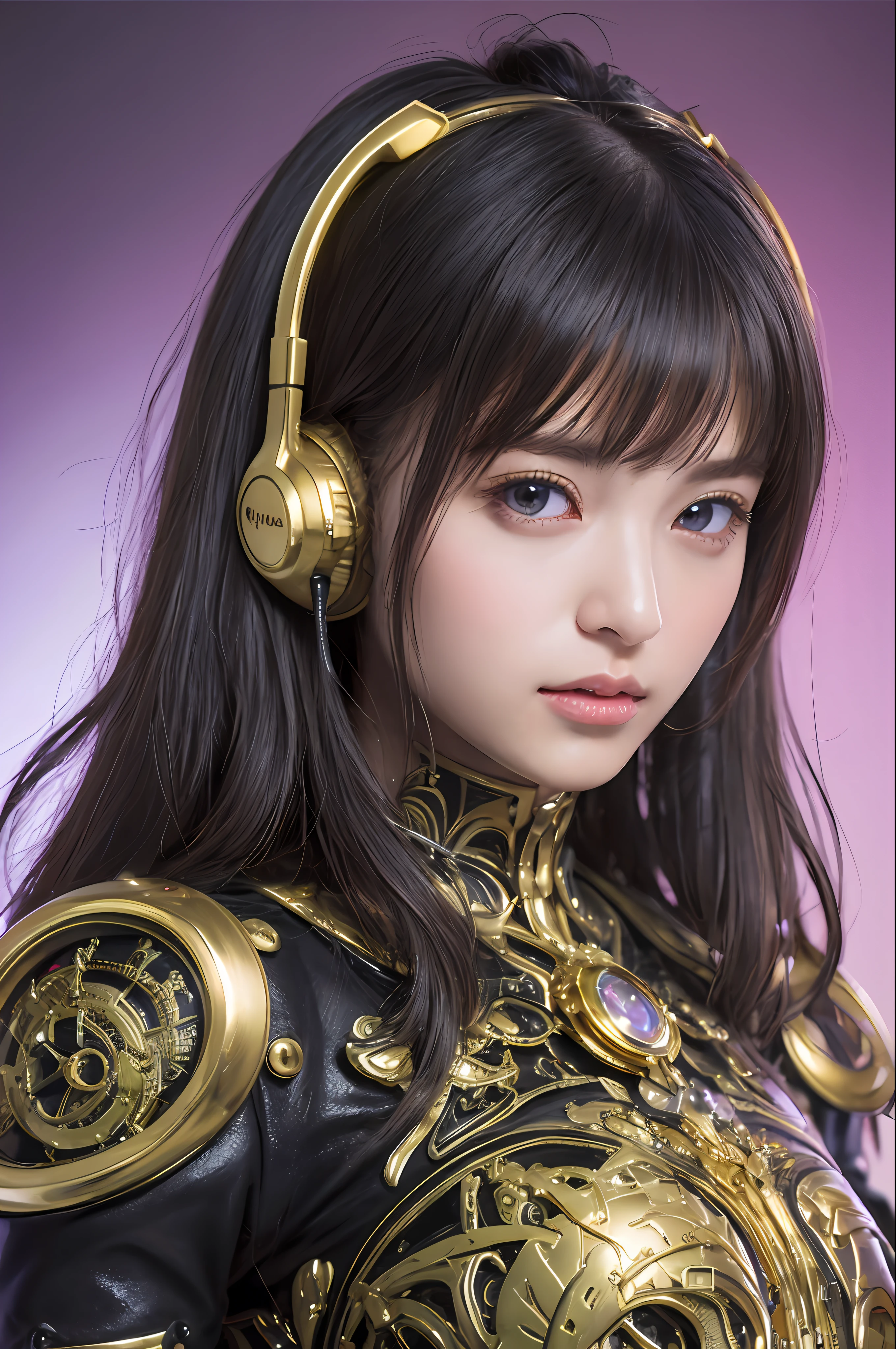 top-quality、​masterpiece、超A high resolution、(Photorealsitic:1.4)、Raw photo、Black hair、glowy skin、1 cyborg girl、((super realistic details))、portlate、Global Illumination、Shadow、octan render、8K、ultrasharp、Colossal tits、Raw skin is exposed in cleavage、Bionic Cyborg Girl、Black fiberglass body、Details of intricate ornaments of golden color、Insect specifics、Biological curve form、Golden hydraulic cylinder、highly intricate detail、Realistic light、CGSoation Trends、a purple eye、radiant eyes、Facing the camera、neon details、blood vessels connected to tubes、Mechanical vertebrae attached to the back、mechanical cervical attaching to neck、sitting on、Wires and cables connecting to the head、Gorgeous headset、Glowing LED lamp、The background is a steampunk room、