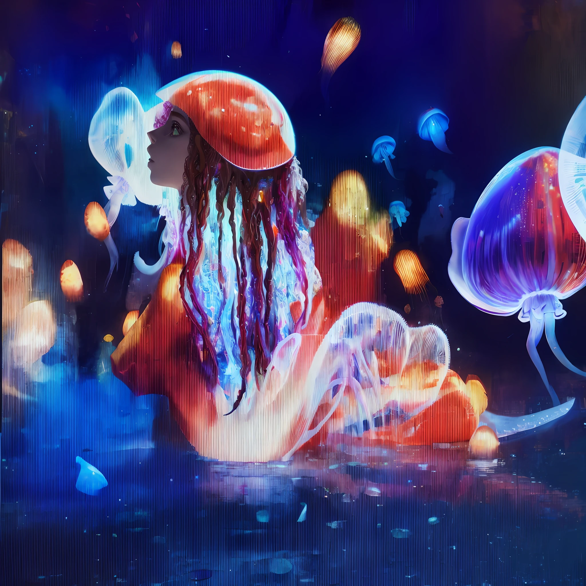 Make a 3D digital art of jellyfish in a sea of water with lights, wallpaper, ubuntu jellyfihs, jellyfish digital 3D photo, Medusa, retrato altamente detalhada 8 K, retrato realista altamente detalhada 8K, neon jellyfish, Burger mixes jellyfish, Dance of the jellyfish, protetor de tela impressionante, its a deep dream, artistic 4 k, Arte NFT, Medusa, 8k highly detailed ❤️🔥 🔥 💀 🤖 🚀
