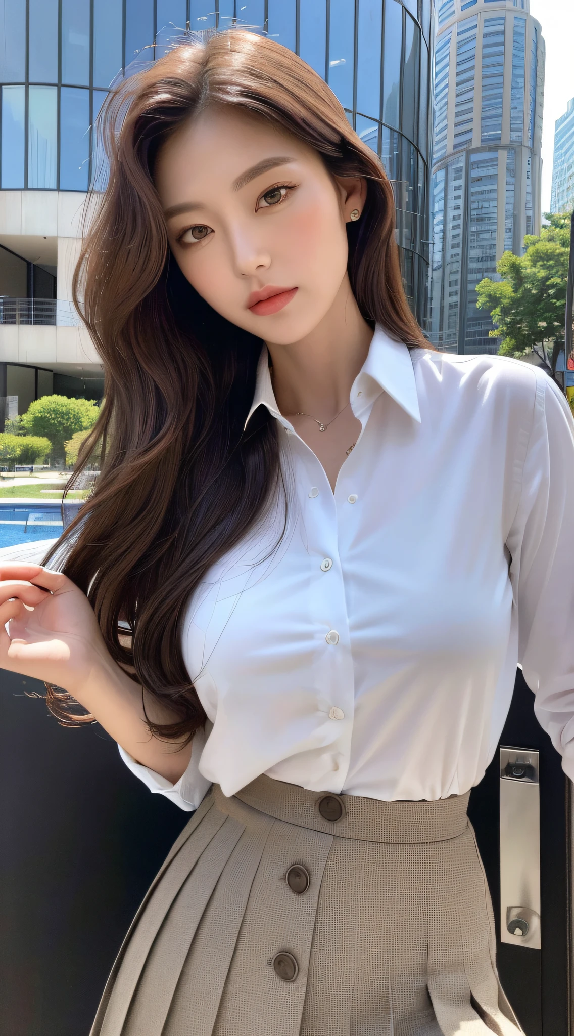 (Best quality, High resolution, Masterpiece :1.3), A tall and pretty woman, Slender abs, Dark brown hair styled in loose waves, Breasts, White button up shirt, Black pleated skirt, (Modern architecture in background), Details exquisitely rendered in the face and skin texture, Detailed eyes, Double eyelid