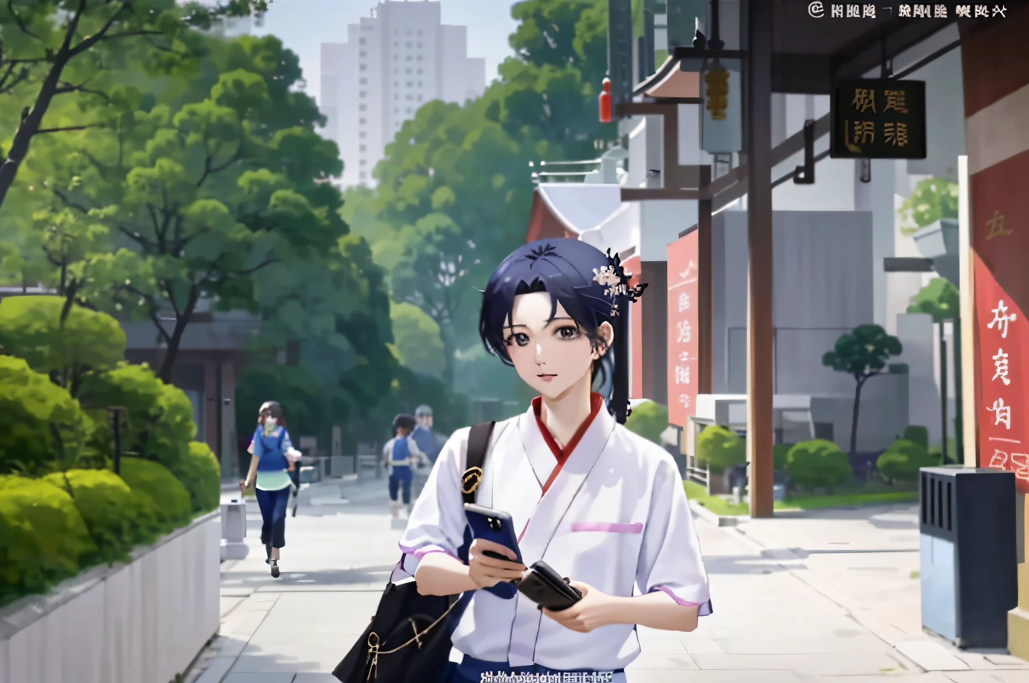 There was a woman walking down the street with her mobile phone, xintong chen, wenfei ye, mingchen shen, cover photo portrait of du juan, xue han, Zhang Wanting, inspired by Ma Yuanyu, Zhang Pengzhen, Li Zixin, author li zhang, Wu Liu, xiaofan zhang, Inspired by Zou Yigui。
