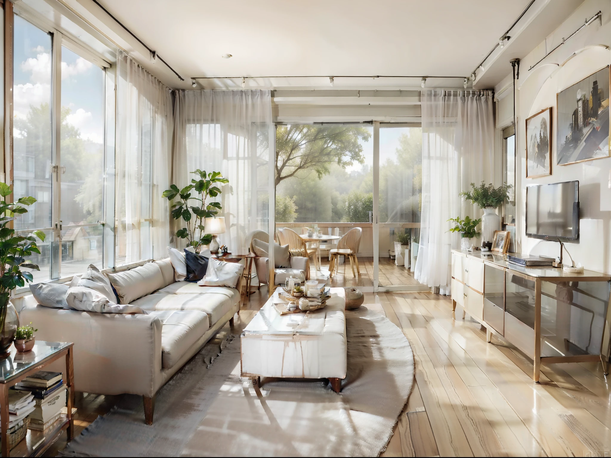 a sketch of a beautiful modern living room, (((foster and partners, artists impression, artistic impression, by Hamish MacDonald, by Carey Morris, by David Brewster, higher detailed illustration, by Helen Berman, an illustration, detailed illustration, by Nick Fudge, by Warren Mahy, artist's impression))), a kitchen cabinet behind the white sofa, with minimal pictures on the wall, linen curtain next to the classroom window, coffee table, modern wood, ceiling with magnetic emissive lighting, white fabric PRB textures, wooden floor PRB texture,