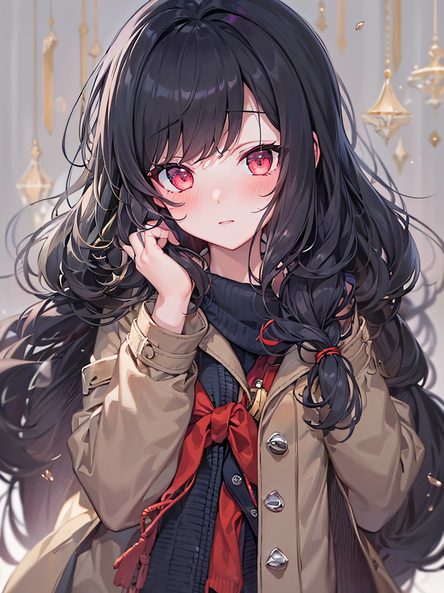 1girl in,Black medium hair,Tying hair,Navy Red Eyes,knit,longcoat,Cute,blush,medium breasts⁩,wnter,Best Quality++,Highest Quality++