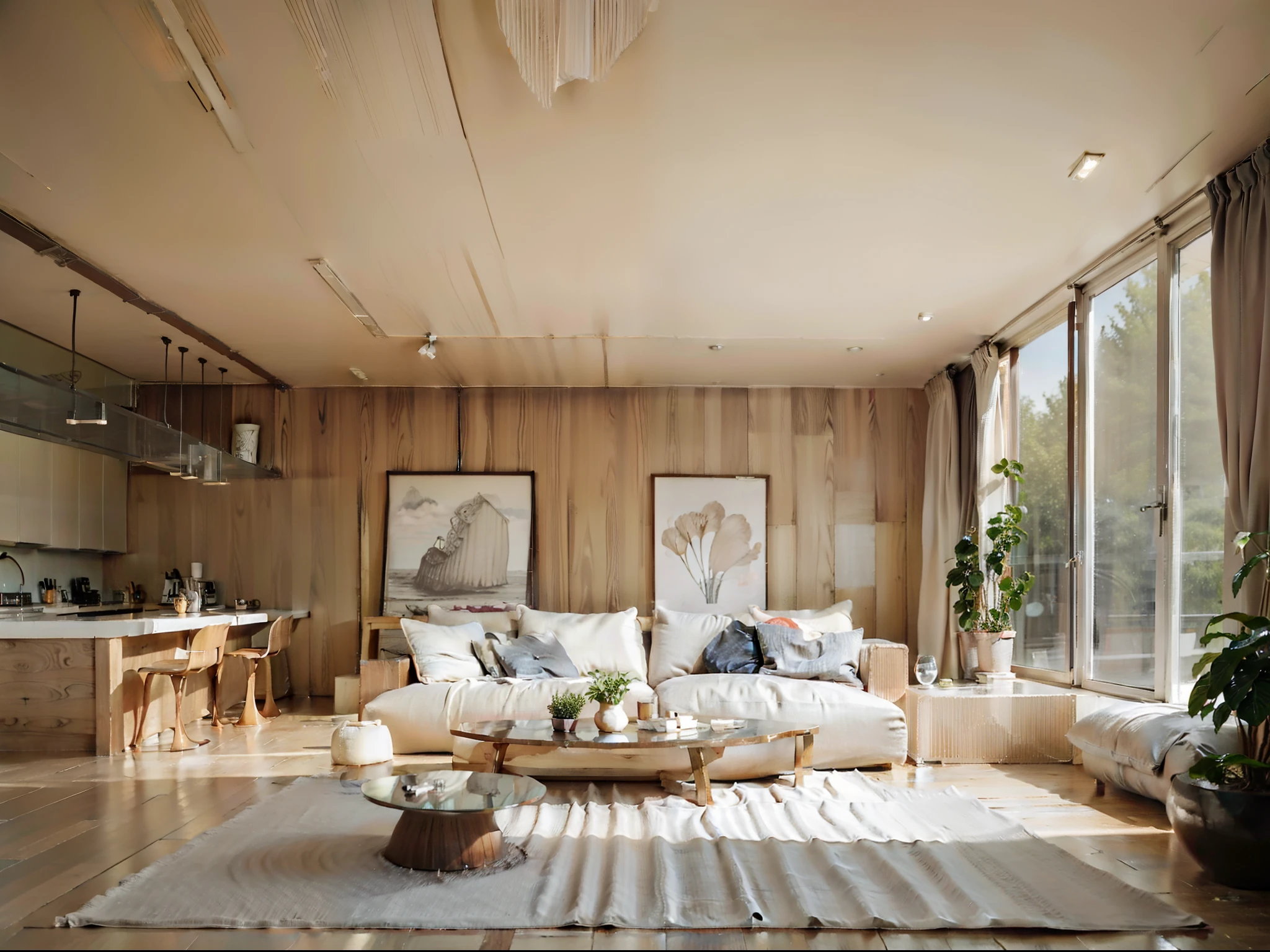 a sketch of a beautiful modern living room, (((foster and partners, artists impression, artistic impression, by Hamish MacDonald, by Carey Morris, by David Brewster, higher detailed illustration, by Helen Berman, an illustration, detailed illustration, by Nick Fudge, by Warren Mahy, artist's impression))), a kitchen cabinet behind the white sofa, with minimal pictures on the wall, linen curtain next to the classroom window, coffee table, modern wood, ceiling with magnetic emissive lighting, white fabric PRB textures, wooden floor PRB texture,