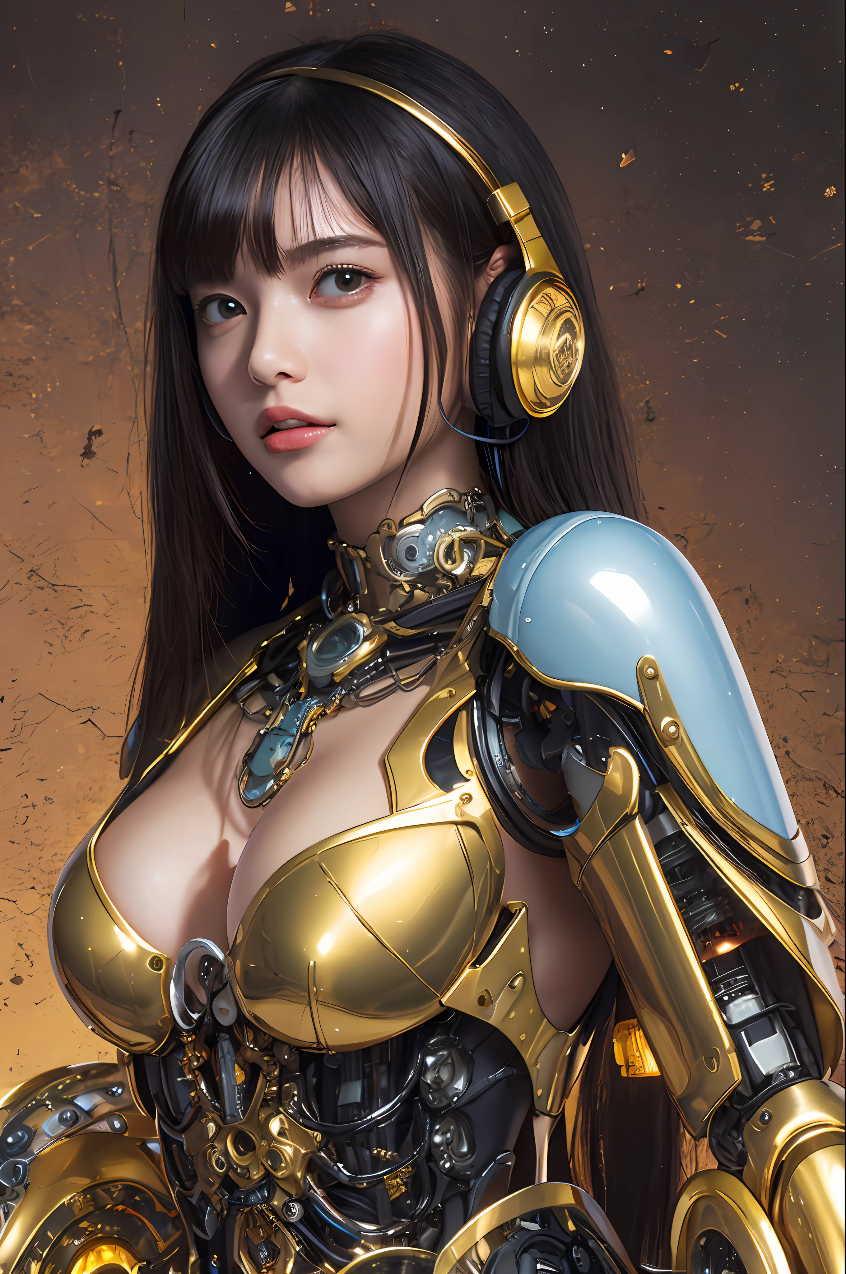 top-quality、​masterpiece、超A high resolution、(Photorealsitic:1.4)、Raw photo、Black hair、glowy skin、1 cyborg girl、((super realistic details))、portlate、Global Illumination、Shadow、octan render、8K、ultrasharp、Colossal tits、Raw skin is exposed in cleavage、Bionic Cyborg Girl、Black fiberglass body、Details of intricate ornaments of golden color、Insect specifics、Biological curve form、Golden hydraulic cylinder、highly intricate detail、Realistic light、CGSoation Trends、a purple eye、radiant eyes、Facing the camera、neon details、blood vessels connected to tubes、Mechanical vertebrae attached to the back、mechanical cervical attaching to neck、sitting on、Wires and cables connecting to the head、Gorgeous headset、Glowing LED lamp、The background is a steampunk room、