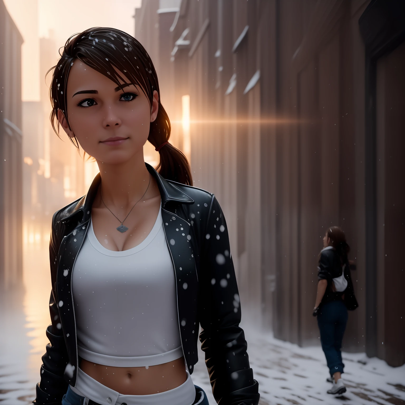 (masterpiece:1. 1, best quality:1. 3), Cinematic Shot, centered, shot from below, dynamic pose, focused shot, close up, (looking toward camera), 1gothic girl, cold, gorgeous, long chestnut ponytail hair, wearing scarf, jeans, leather army jacket, snowy blizzard, shopping district, city street background, RAW photo, volumetric lighting, global illumination, reflection, bokeh, studio color, photography, realistic depiction, (epic composition, epic proportion), 64K, HD, Professional work, Unreal engine, octane render, makoto shinkai inspired,