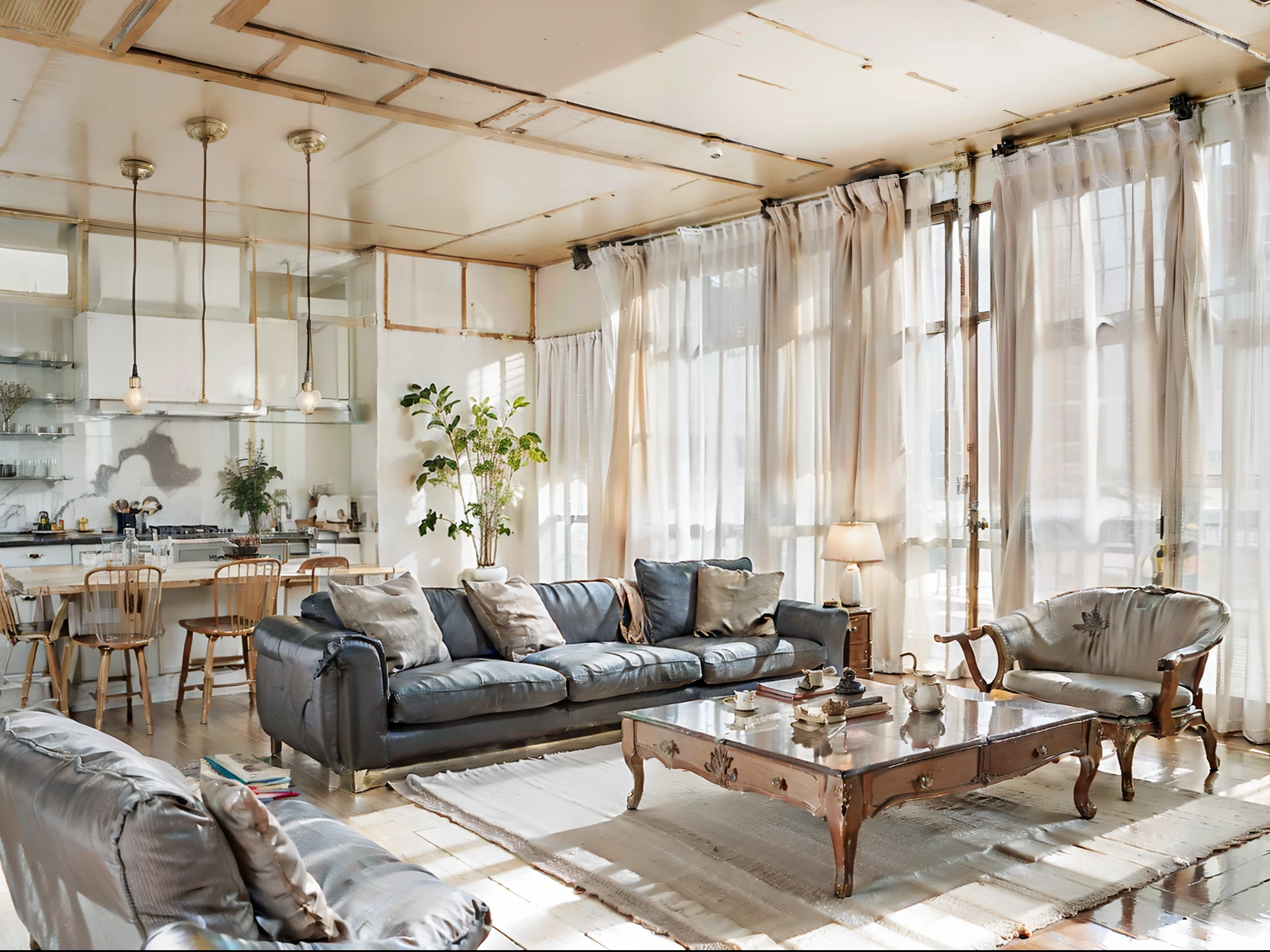 a sketch of a beautiful modern living room, (((foster and partners, artists impression, artistic impression, by Hamish MacDonald, by Carey Morris, by David Brewster, higher detailed illustration, by Helen Berman, an illustration, detailed illustration, by Nick Fudge, by Warren Mahy, artist's impression))), a kitchen cabinet behind the white sofa, with minimal pictures on the wall, linen curtain next to the classroom window, coffee table, modern wood, ceiling with magnetic emissive lighting, white fabric PRB textures, wooden floor PRB texture,