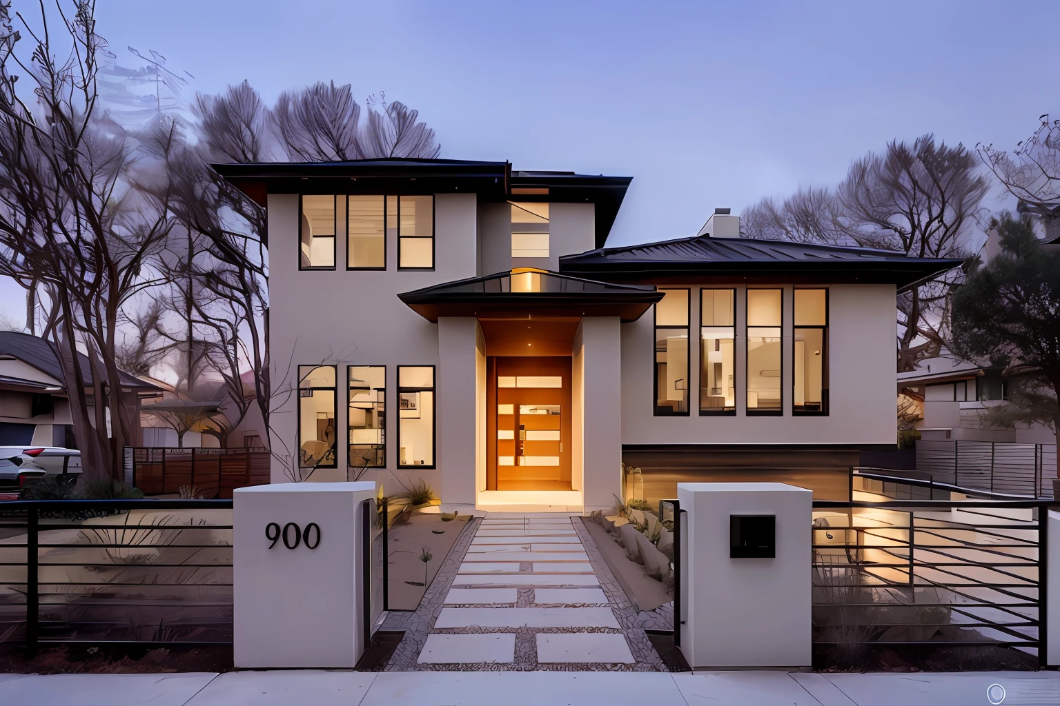 Scene graph,Araffed modern residence,There is a driveway to the gate, award winning contemporary, contemporary house, Exterior design, modern architecture design, award winning modern design, Modern style, Modern house, large modern residence, contemporary design, ultra-modern, neotraditional modern, Modern design, well-designed masterpiece, residential design, contemporary masterpiece, Modern architecture, contemporary architecture, Modern look