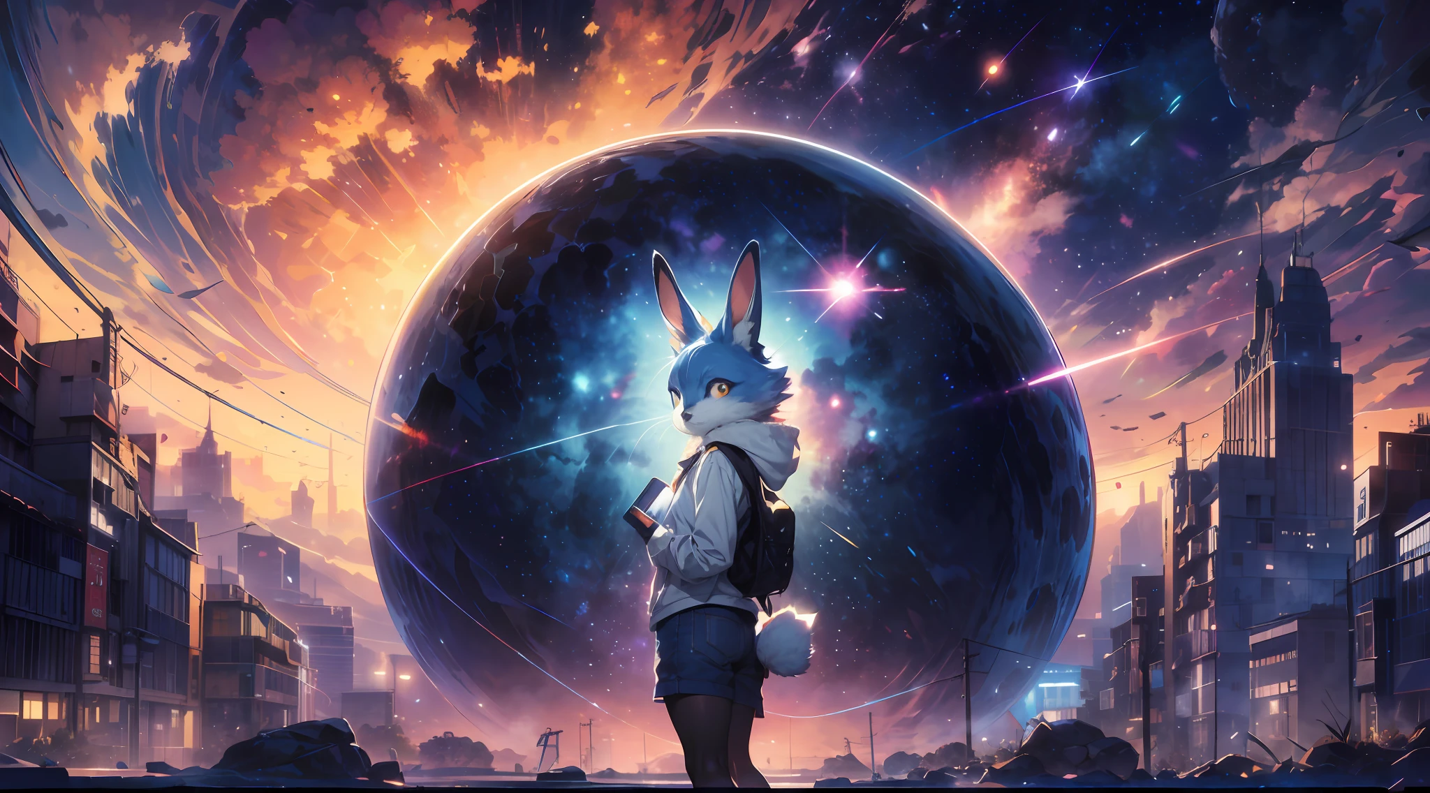 Draw a young female blue kemono beastars furry rabbit anime hacker wearing bunny ears, standing on a research platform floating in the middle of an asteroid belt, turn her back on viewers , surrounded by several asteroids glowing with fiery auras BREAK Dramatic lighting from distant stars and planets illuminates the scene, casting deep shadows on the suit. The young rabbit woman looks confident and determined, looking at the vast and mysterious universe with wonder and respect,BREAK,Detailed,Realistic,4k highly detailed digital art,octane render, bioluminescent, BREAK 8K resolution concept art, realism,by Mappa studios,masterpiece,best quality,official art,illustration,ligne claire,(cool_color),perfect composition,absurdres, fantasy,focused,rule of thirds, (Zen, Amy Sol style), (((beats to relax/study to))), (((Lofi anthro kemono blue-furred rabbit girl, beats to relax/study to))), (((blue kemono beastars furry rabbit anime hacker with small soft furry paws))), (abstract anthro rabbit figure wearing bunny ears), cover art with light abstraction, abstract, simple vector art, contemporary furry anthro kemono anime art, color gradients, soft color palettes, layered forms, whimsical animation, style Ethereal abstract, 4K, --v6