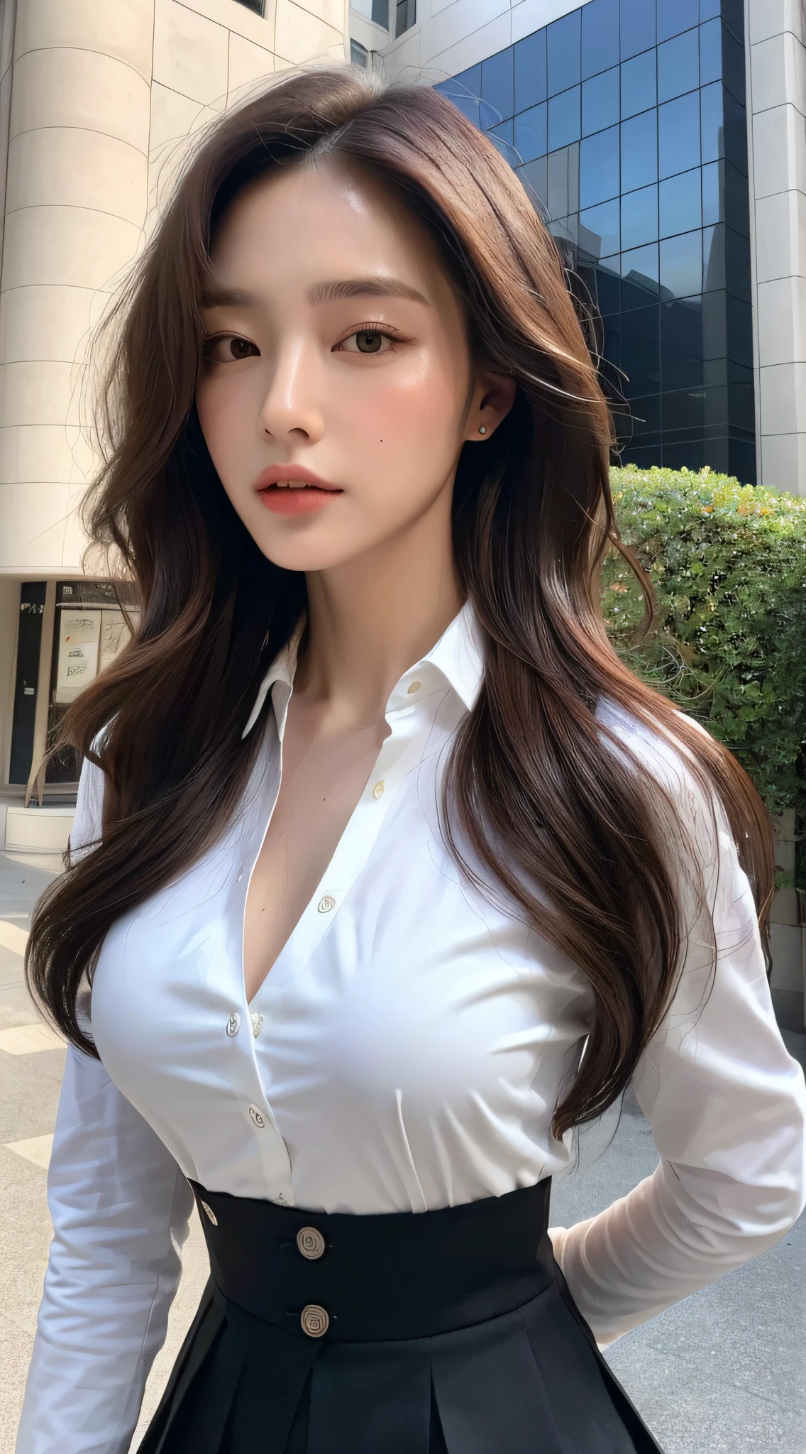 (Best quality, High resolution, Masterpiece :1.3), A tall and pretty woman, Slender abs, Dark brown hair styled in loose waves, Breasts, White button up shirt, Black pleated skirt, (Modern architecture in background), Details exquisitely rendered in the face and skin texture, Detailed eyes, Double eyelid
