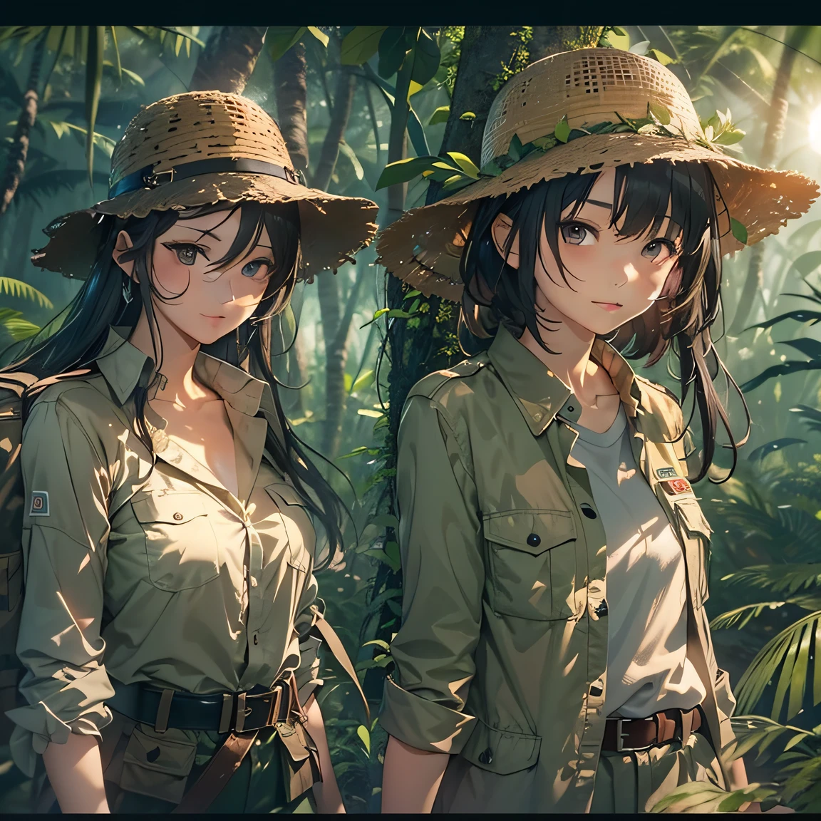 (Jungle Adventure):1.3、(Deep in the jungle):1.5、((In the dense rainforest, the sun does not reach and the grass is cleared without a path))、(3Adult Beauty):2、(((An expedition team consisting of adult beauties with black hair in safari hats and safari jackets walk in formation through the forest))):1.5、(The dim):1.3、rays of moonlight、dark