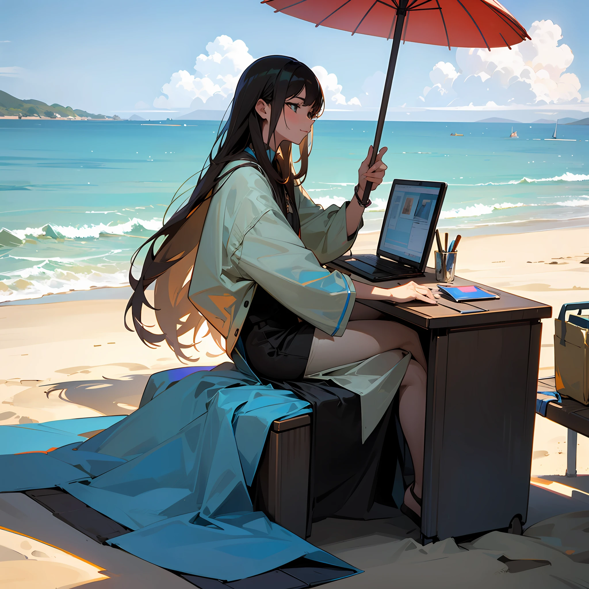 On the beach, in the brilliant sunshine, a man sits in a chair under an umbrella using a computer, next to a beautiful woman --auto