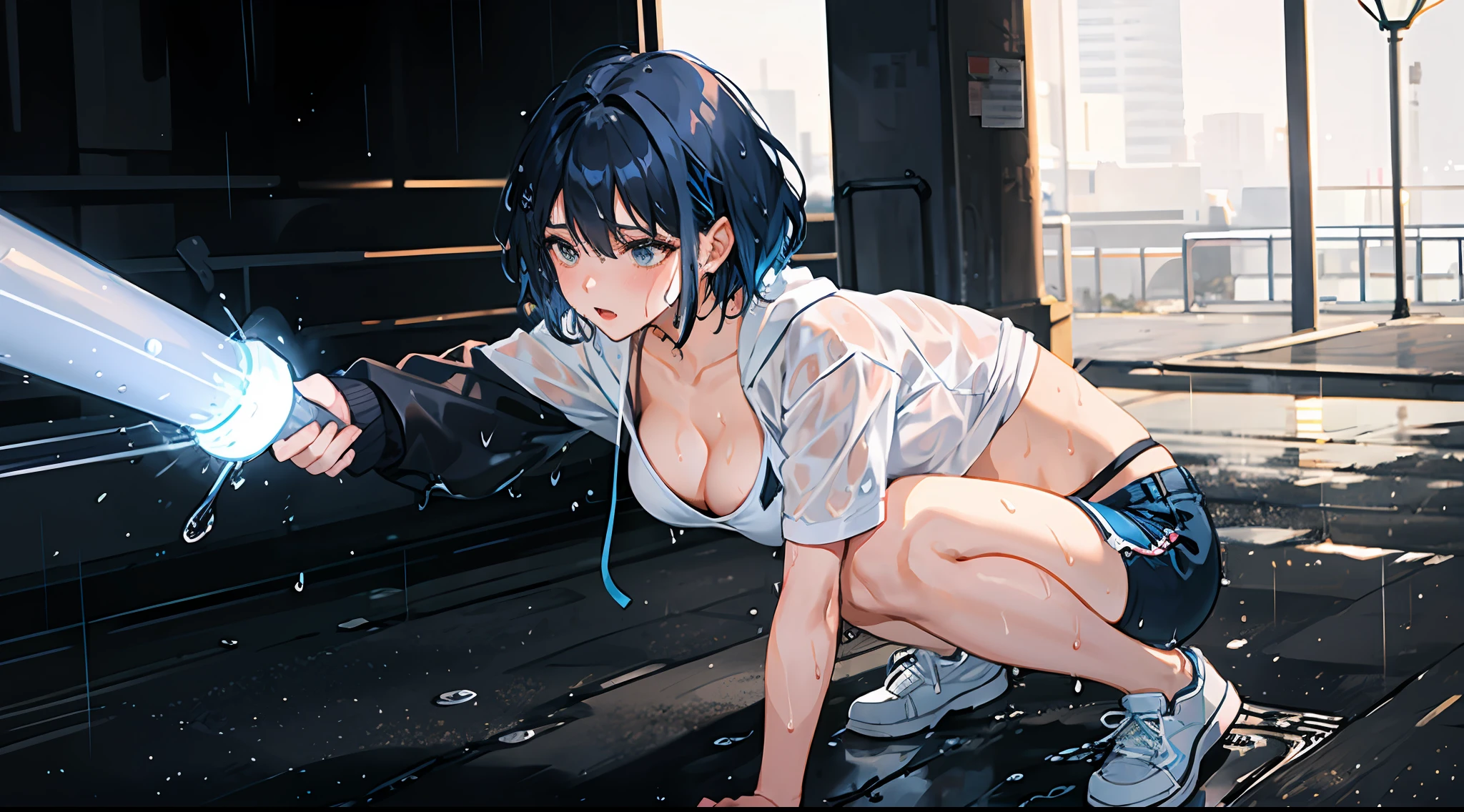 1 beautiful tomboy girl with medium , short hair, Ted blue hair ,black with blue line sport bra, white short pants, open Hoodie, blue and red sneakers,wet,(chlotes wet:1.5),(, transparent chlotes:0.7), background on park, squating cowgirl potition,night, lightning from park lamp real rain,