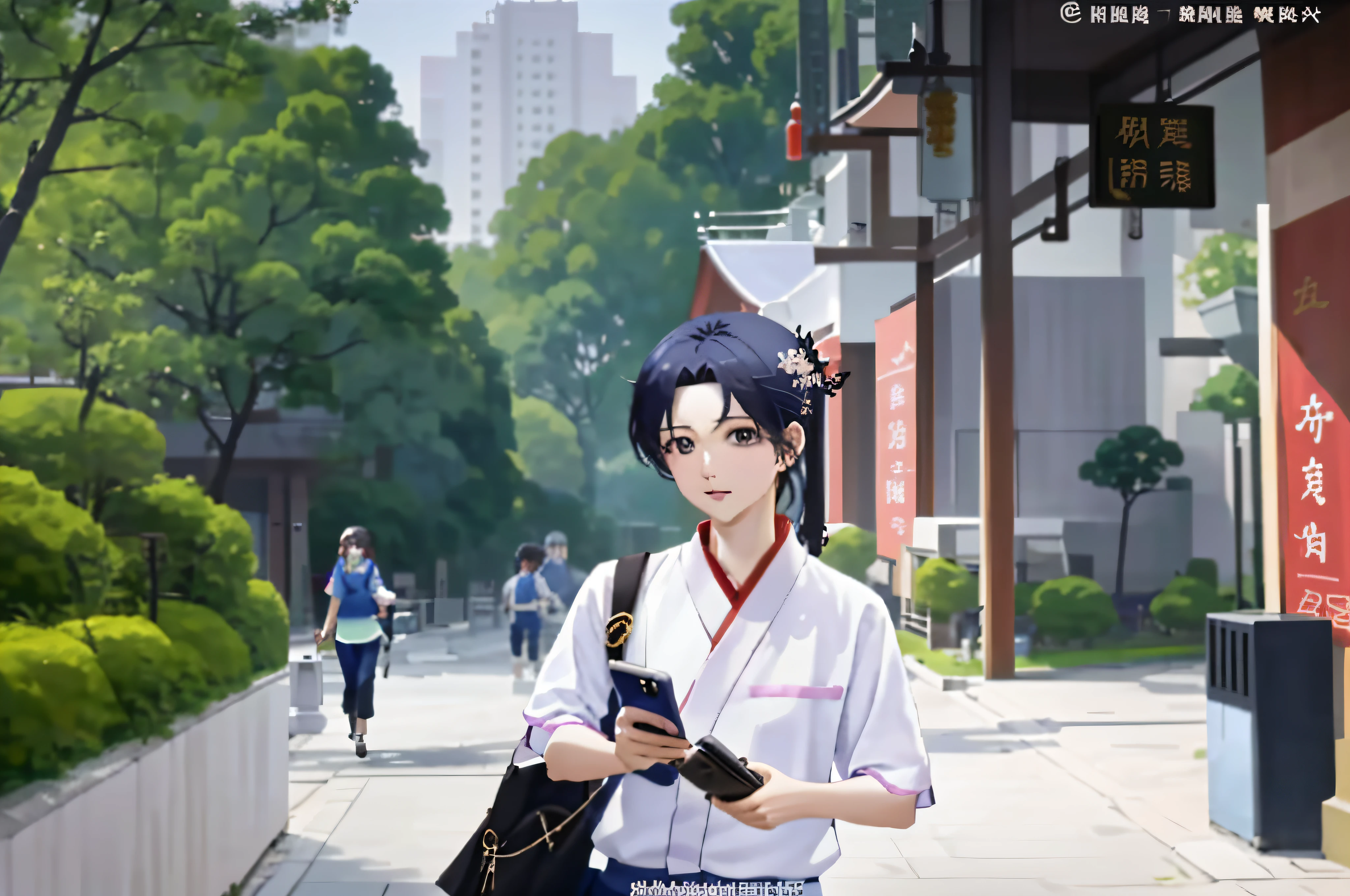 There was a woman walking down the street with her mobile phone, xintong chen, wenfei ye, mingchen shen, cover photo portrait of du juan, xue han, Zhang Wanting, inspired by Ma Yuanyu, Zhang Pengzhen, Li Zixin, author li zhang, Wu Liu, xiaofan zhang, Inspired by Zou Yigui。